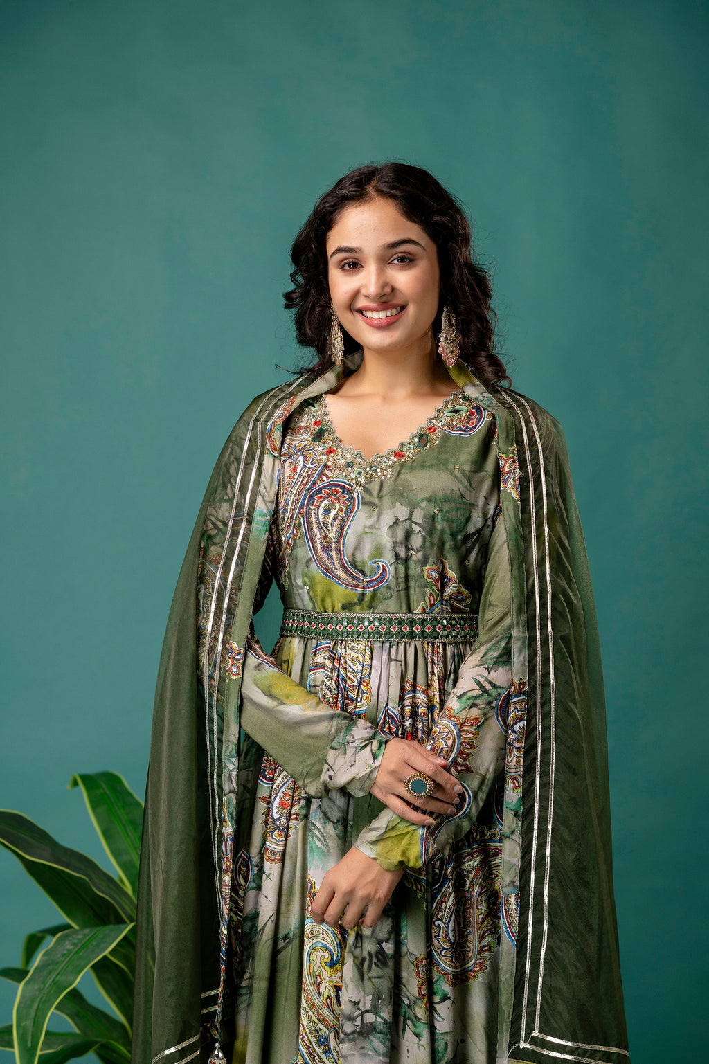 Printed V-Neck Mirror Work Kurti Set