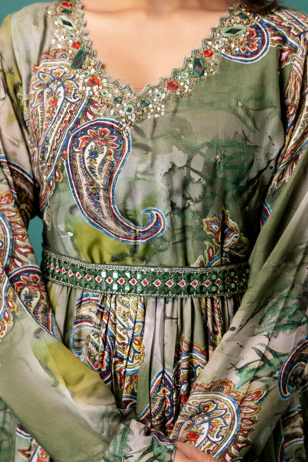 Printed V-Neck Mirror Work Kurti Set