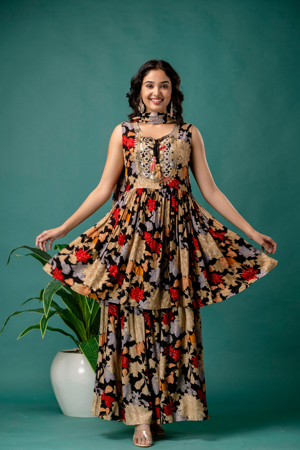 Printed Resham Kurti Set with Dupatta
