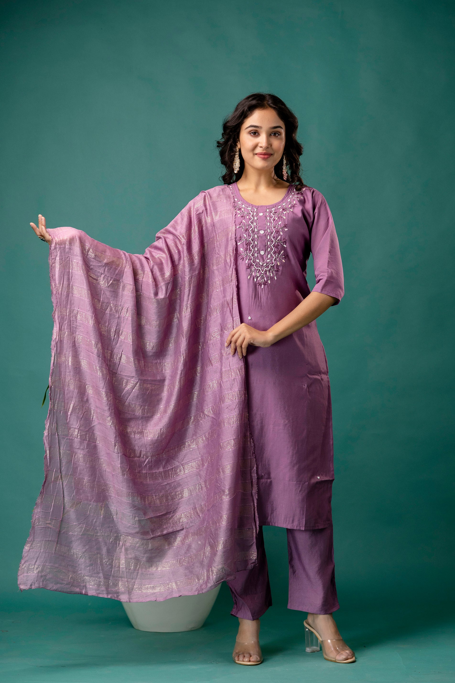 Silk Dupatta Embroidered Kurti Set