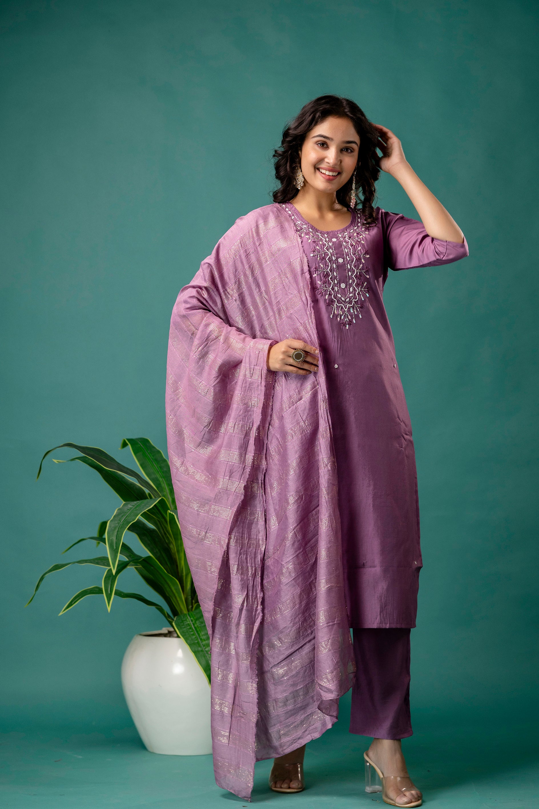Silk Dupatta Embroidered Kurti Set