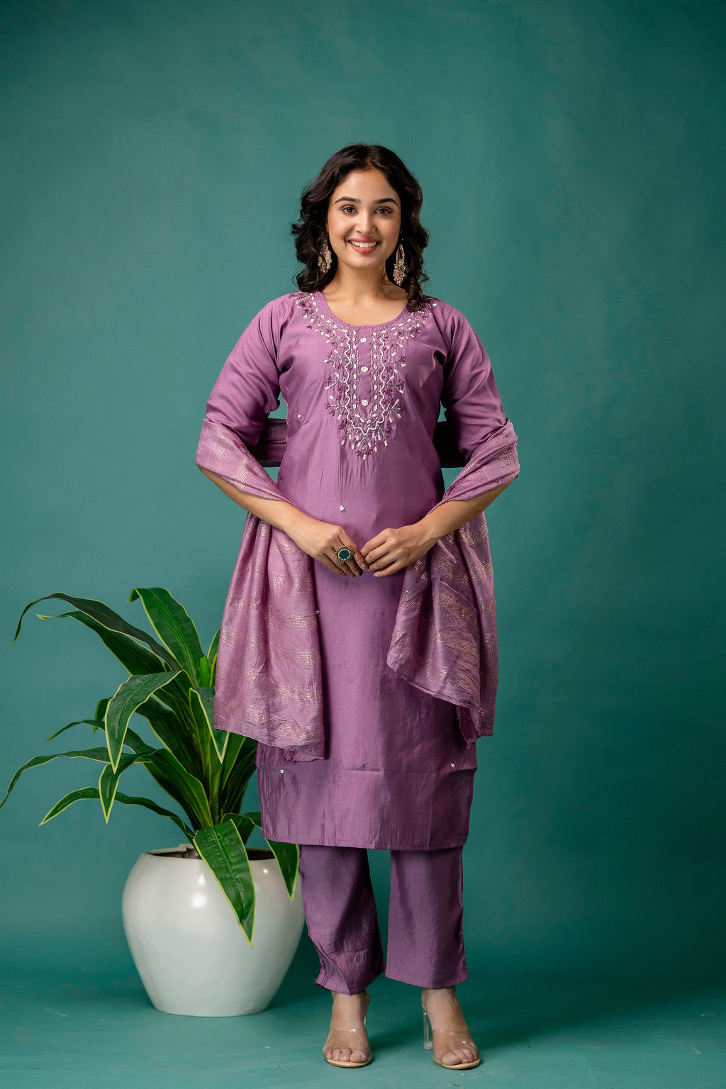 Silk Dupatta Embroidered Kurti Set