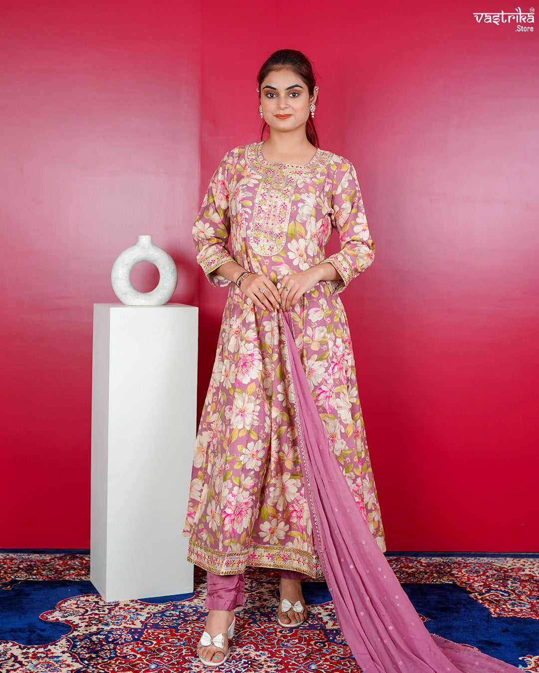 Purple Maslin Zari Frock Set