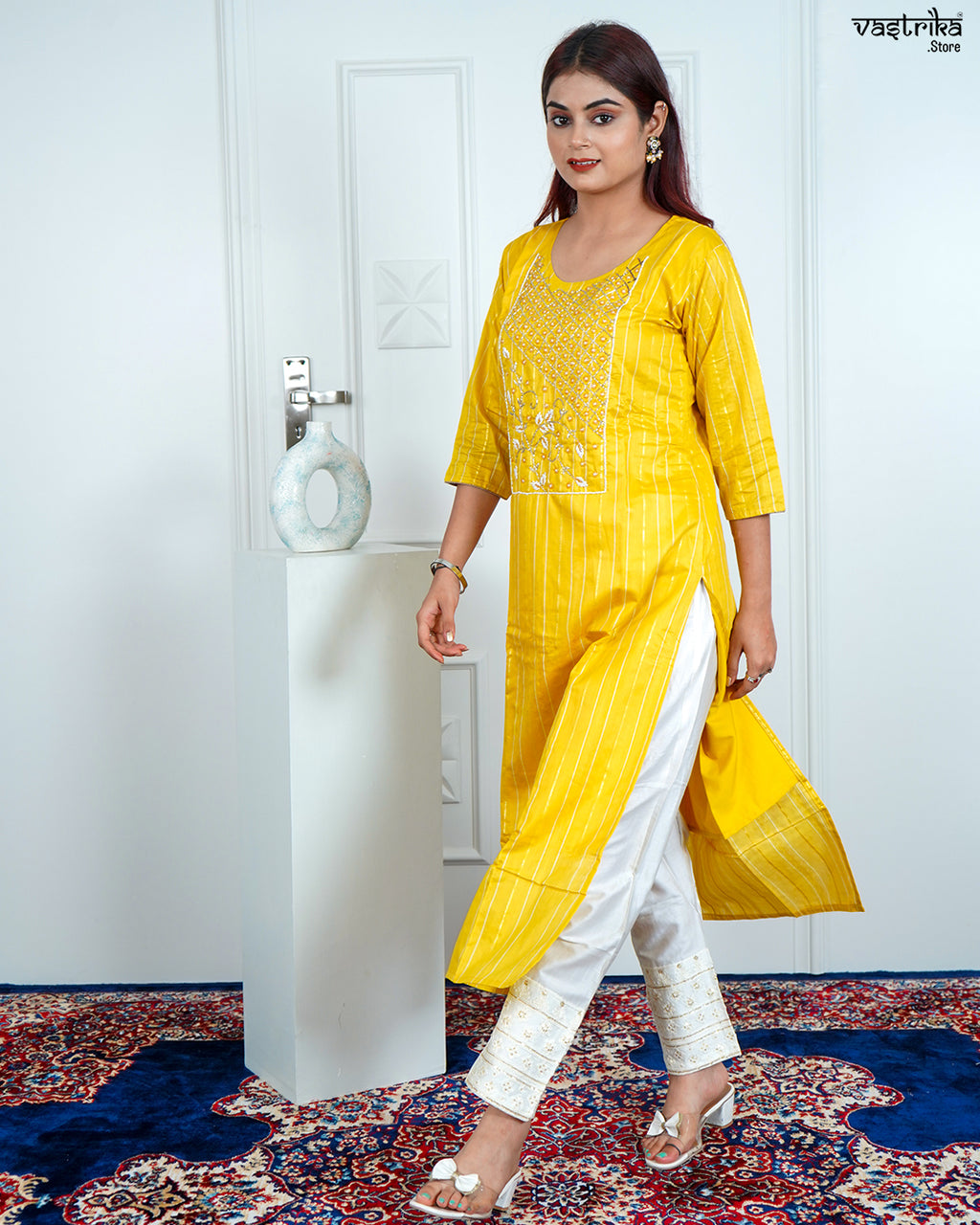 Yellow Chanderi Silk Kurti Set
