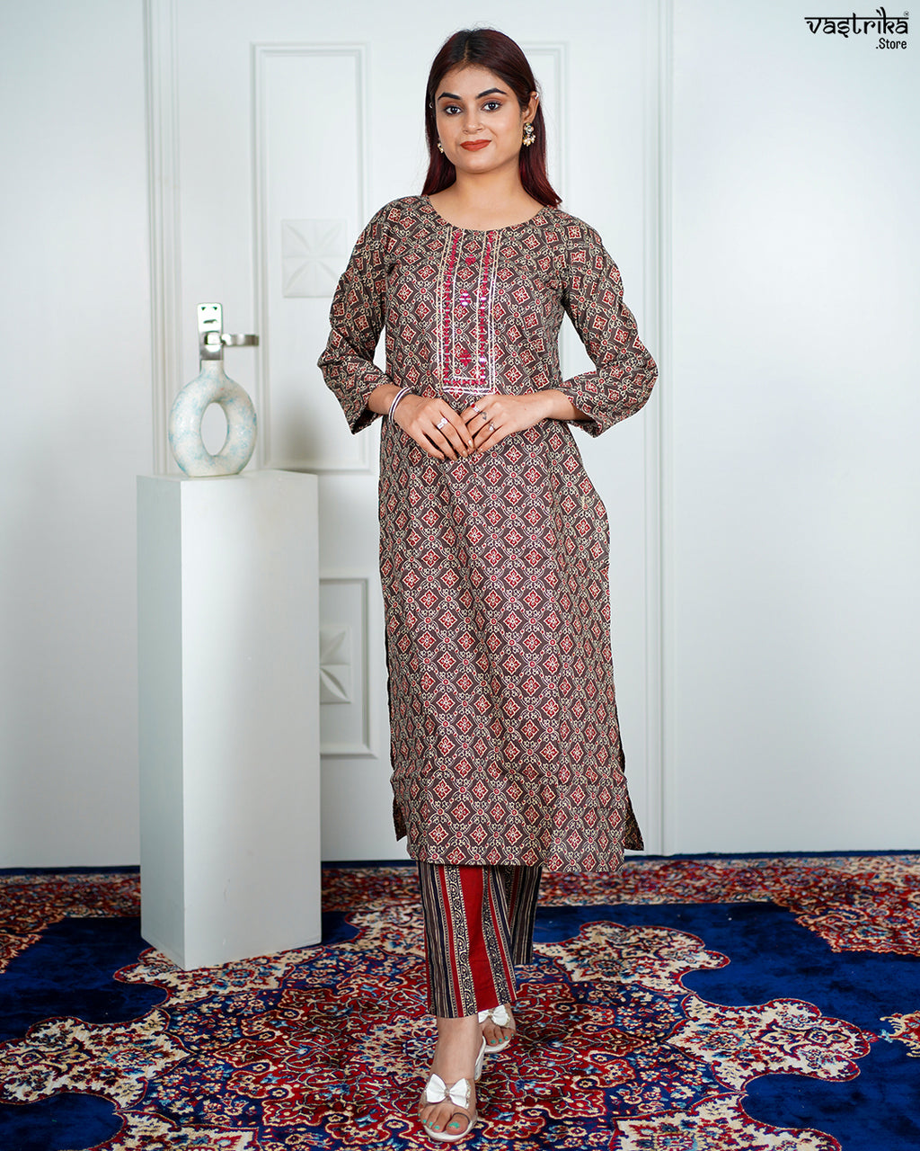 Brown Cotton Printed Kurti Set