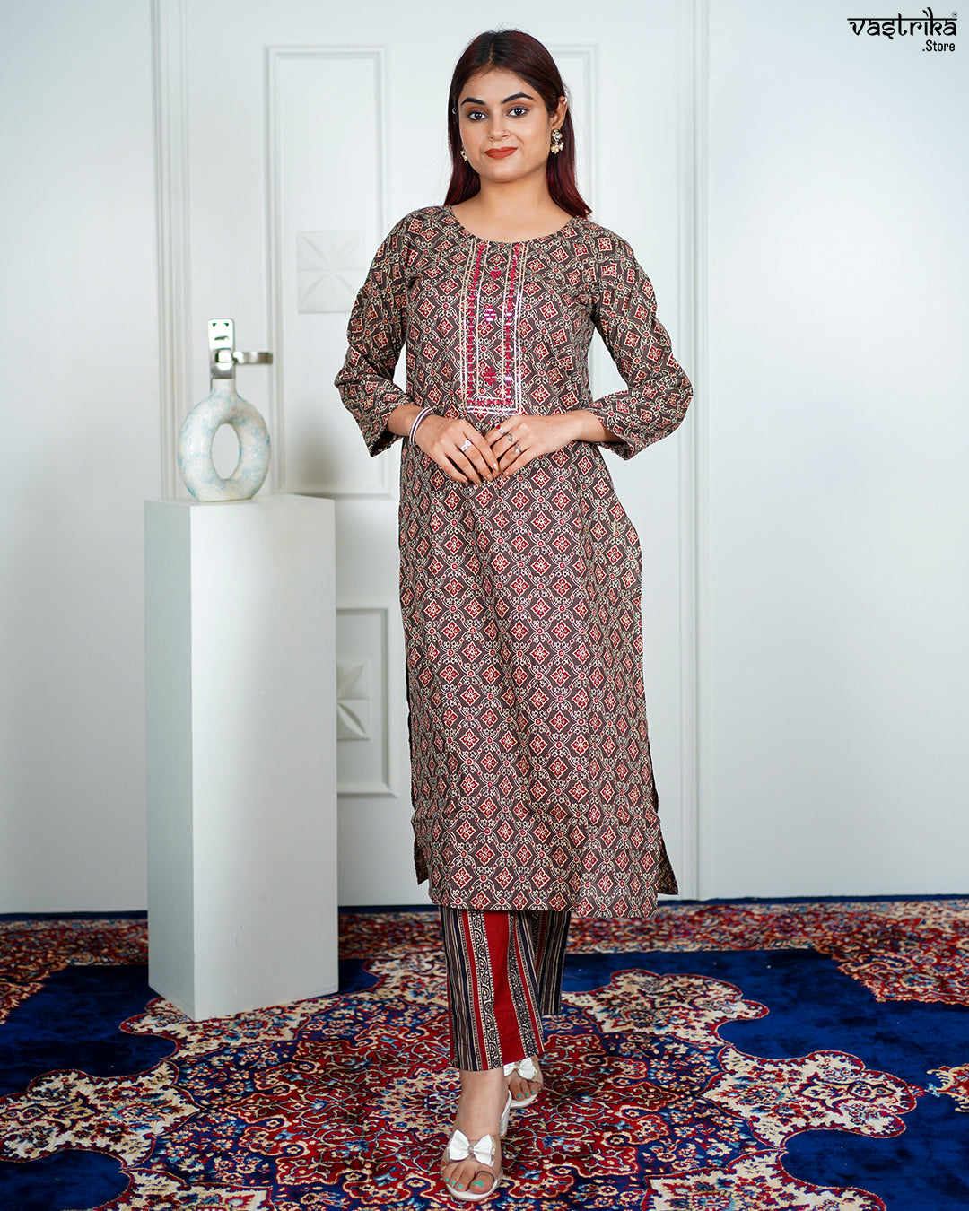 Brown Cotton Printed Kurti Set