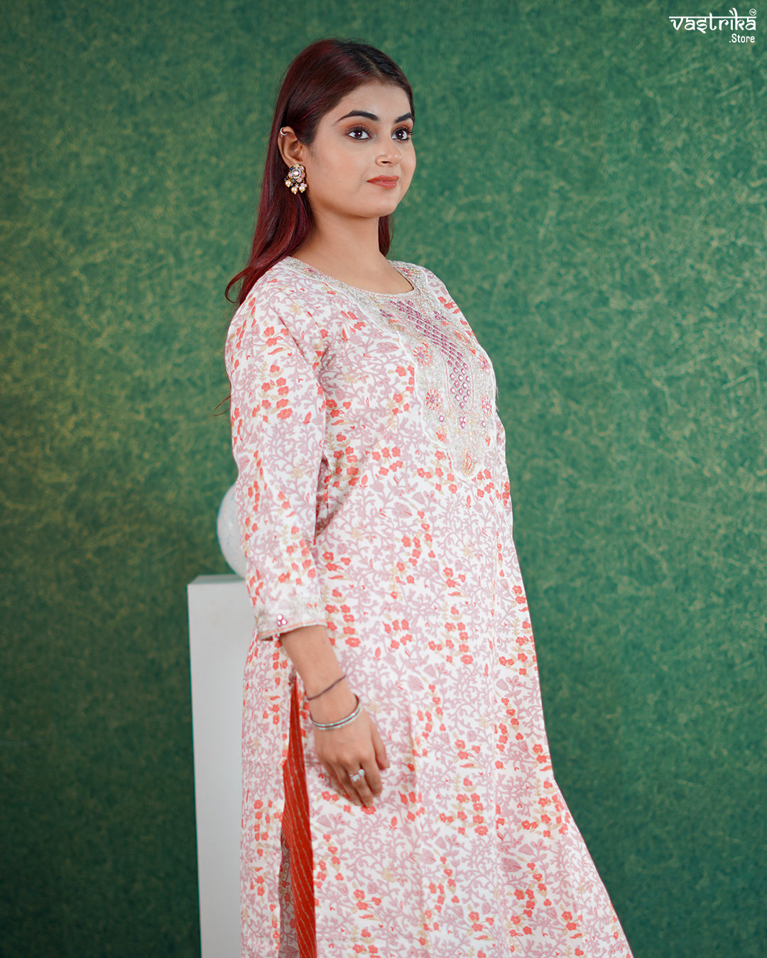 Orange Cotton Printed Kurti Set