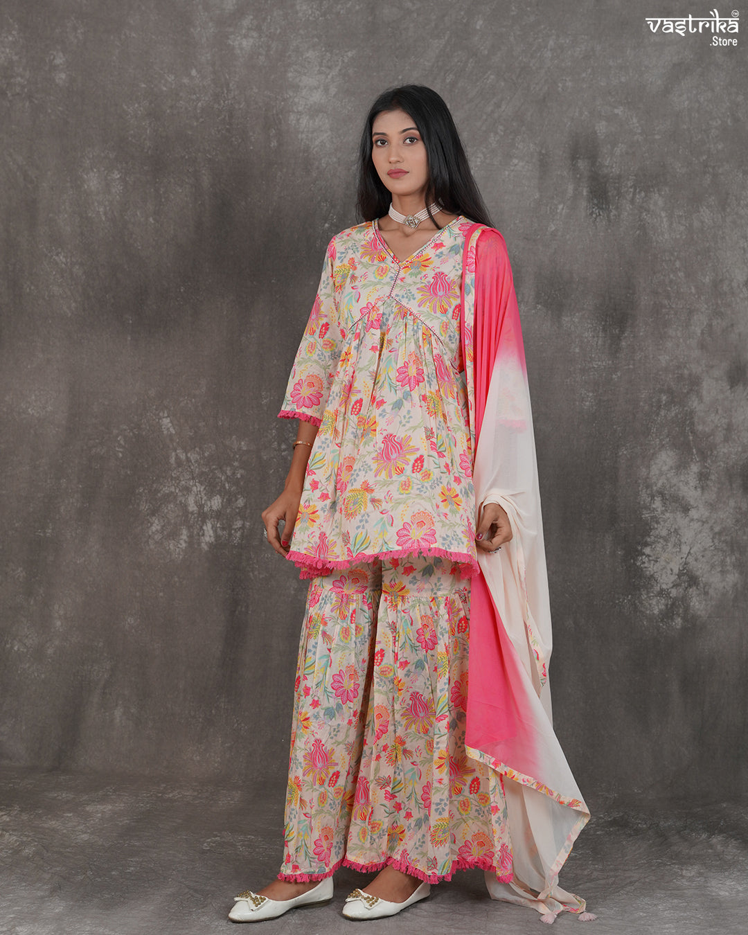 Printed V-Neck Kurti & Alia-Cut Sharara Set