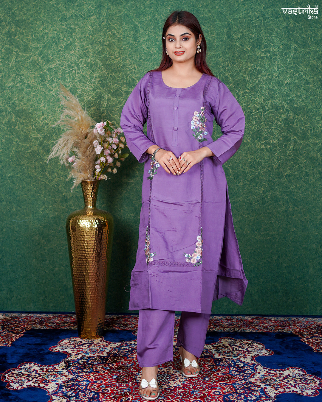 Purple Roman Silk Festive Kurti Set