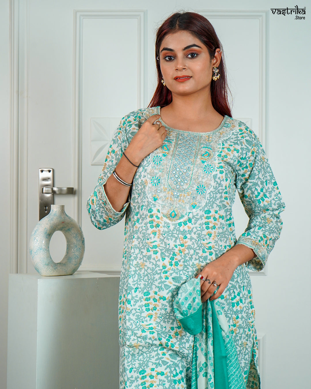 Sea Green Cotton Printed Kurti Set