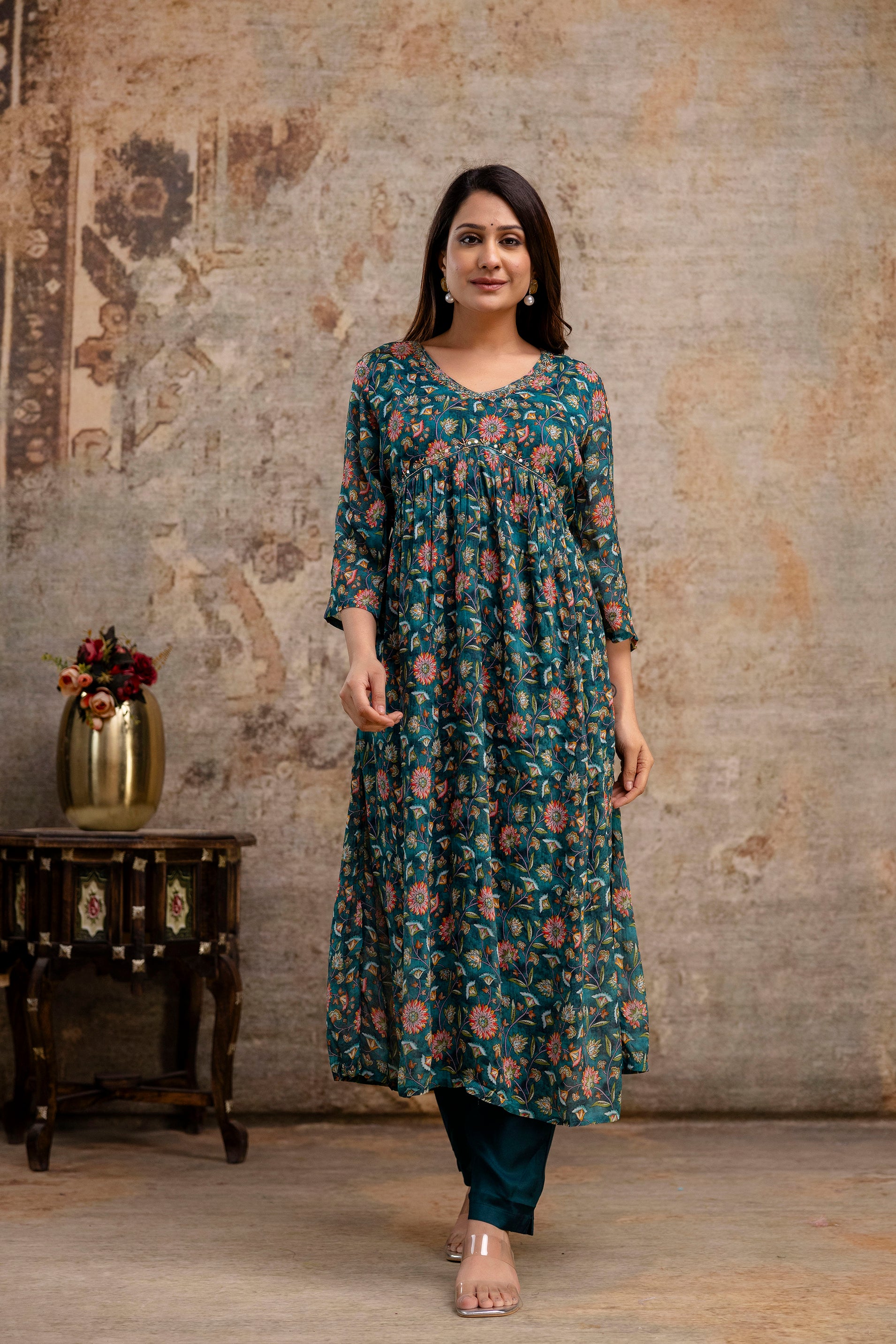 Chiffon Printed Aalia Cut Frock with V-Neck