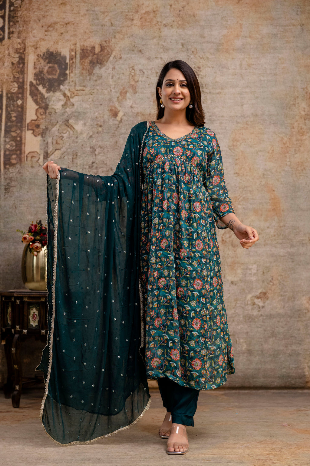 Chiffon Printed Aalia Cut Frock with V-Neck