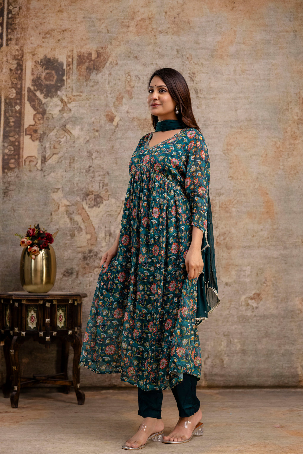 Chiffon Printed Aalia Cut Frock with V-Neck