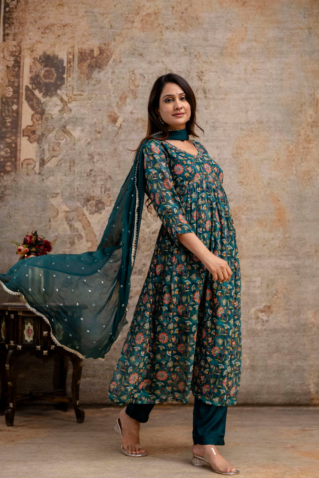 Chiffon Printed Aalia Cut Frock with V-Neck