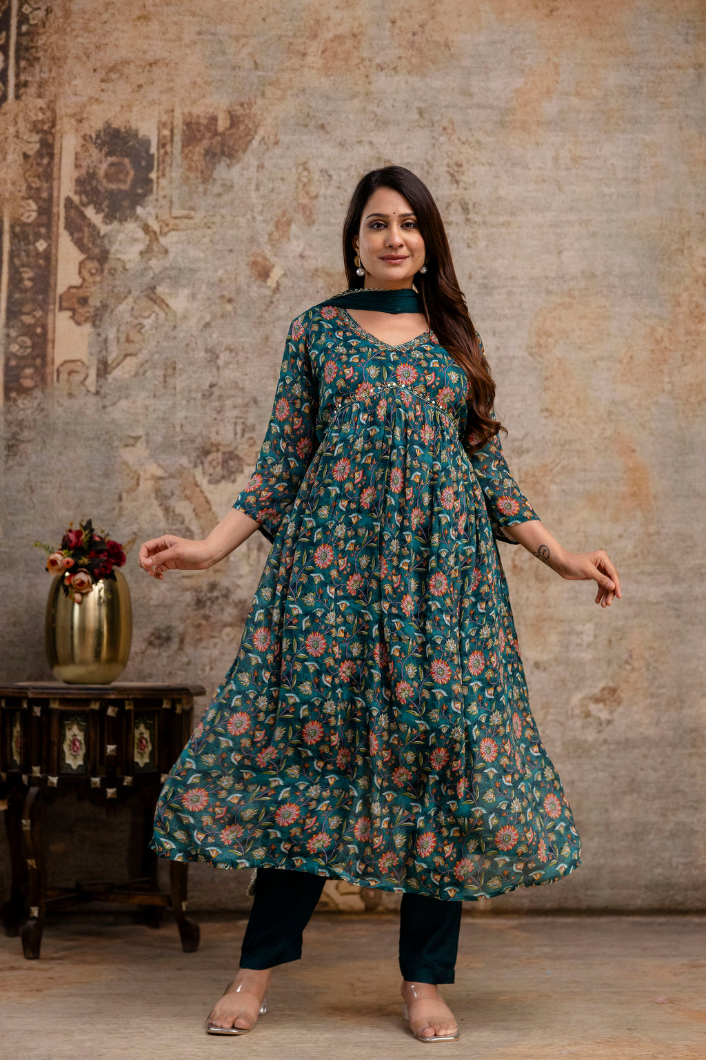 Chiffon Printed Aalia Cut Frock with V-Neck