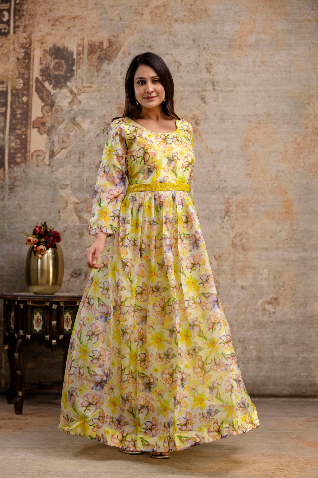 Printed Gown with Round Neck