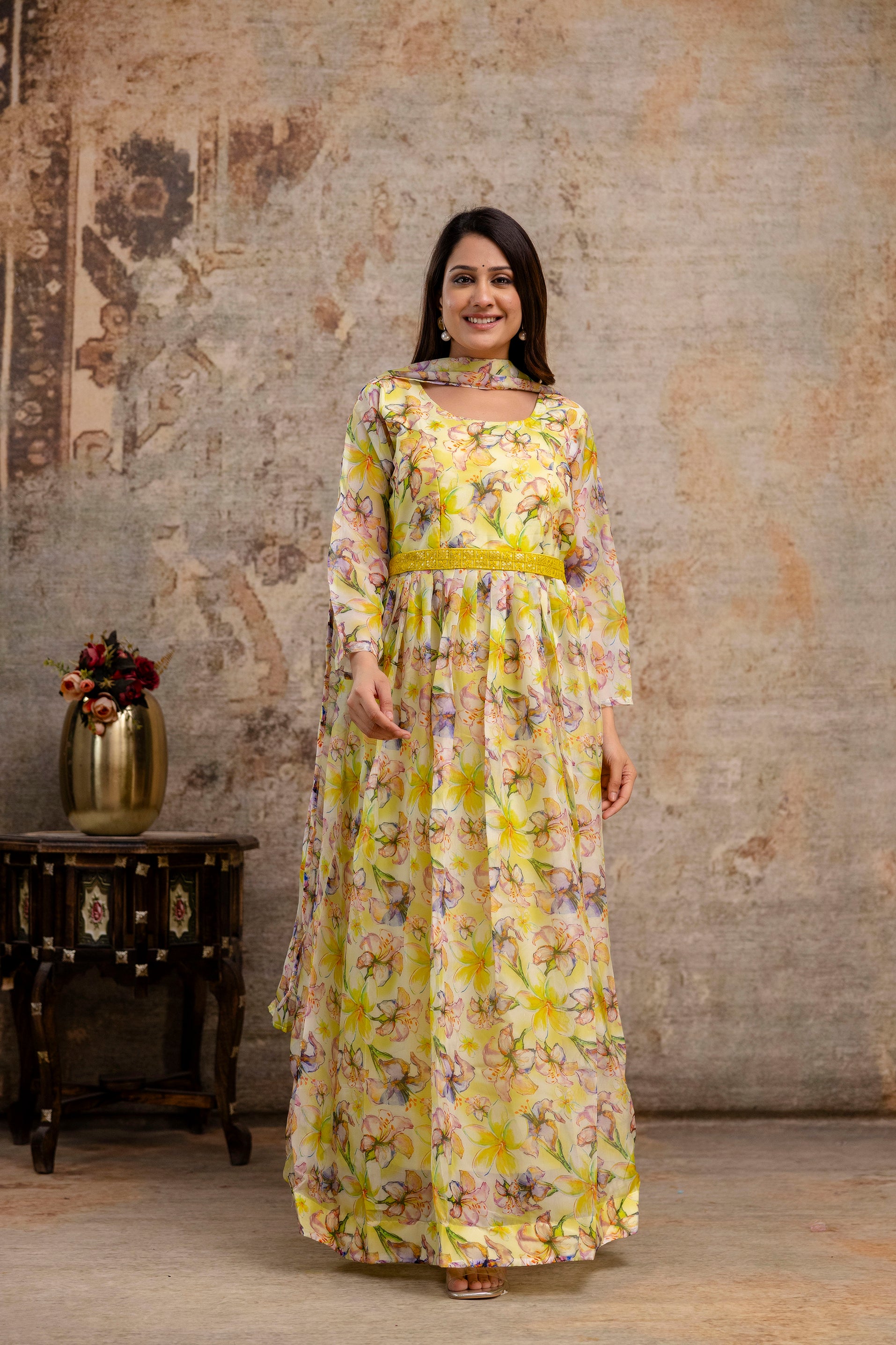 Printed Gown with Round Neck