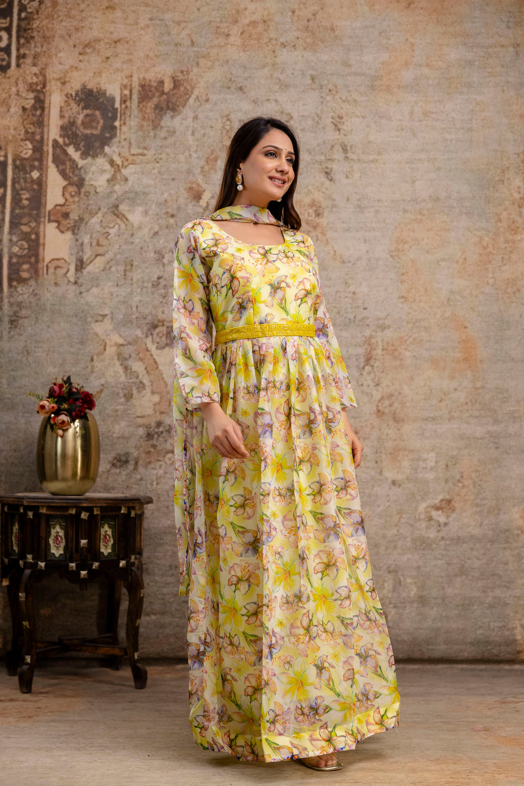 Printed Gown with Round Neck