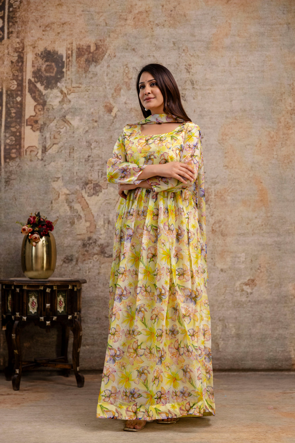 Printed Gown with Round Neck