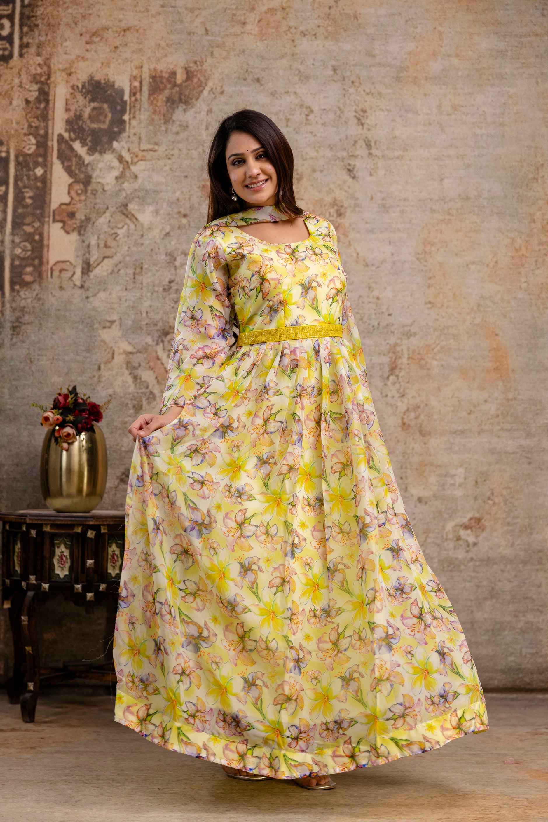 Printed Gown with Round Neck
