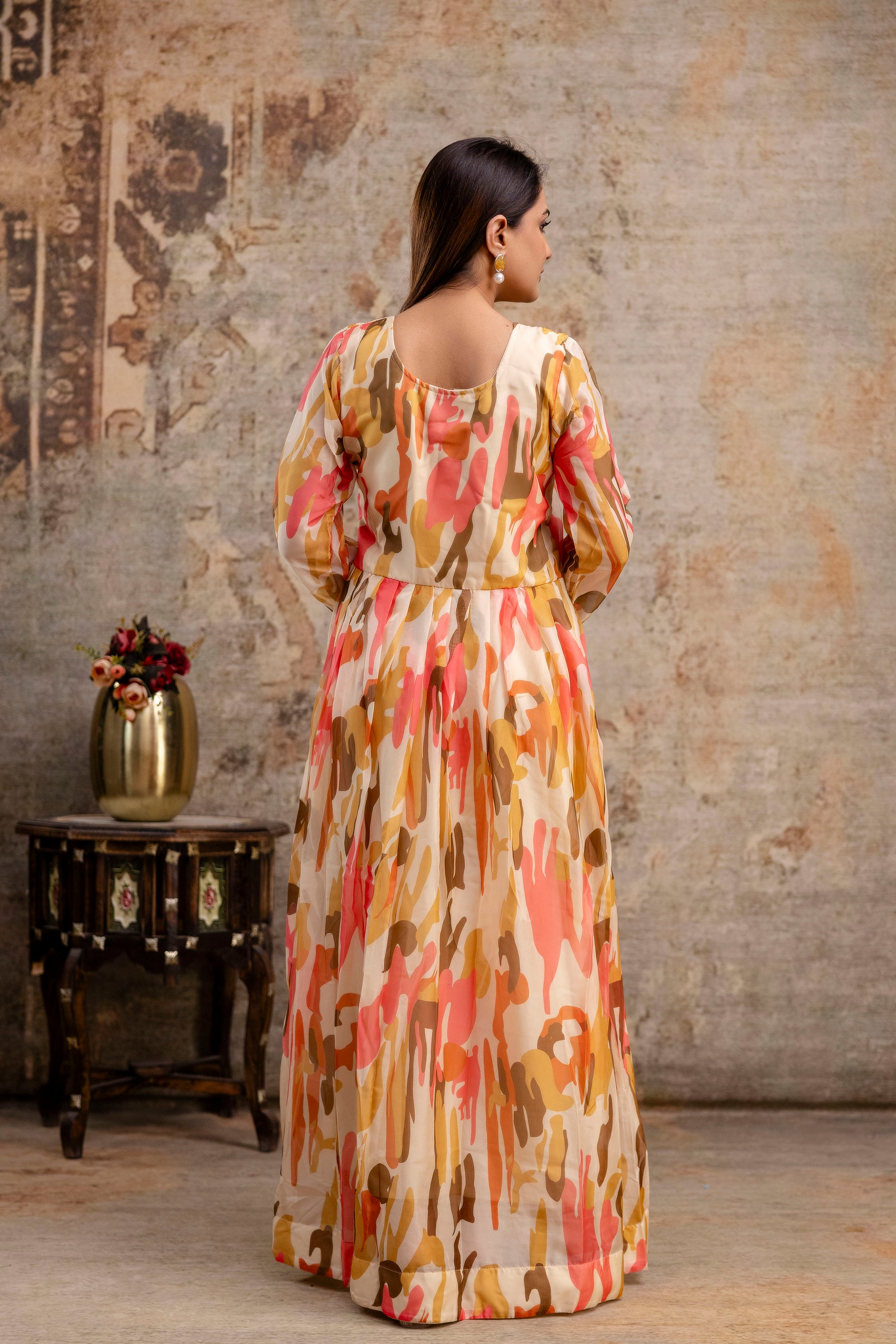 Printed Gown with Round Neck