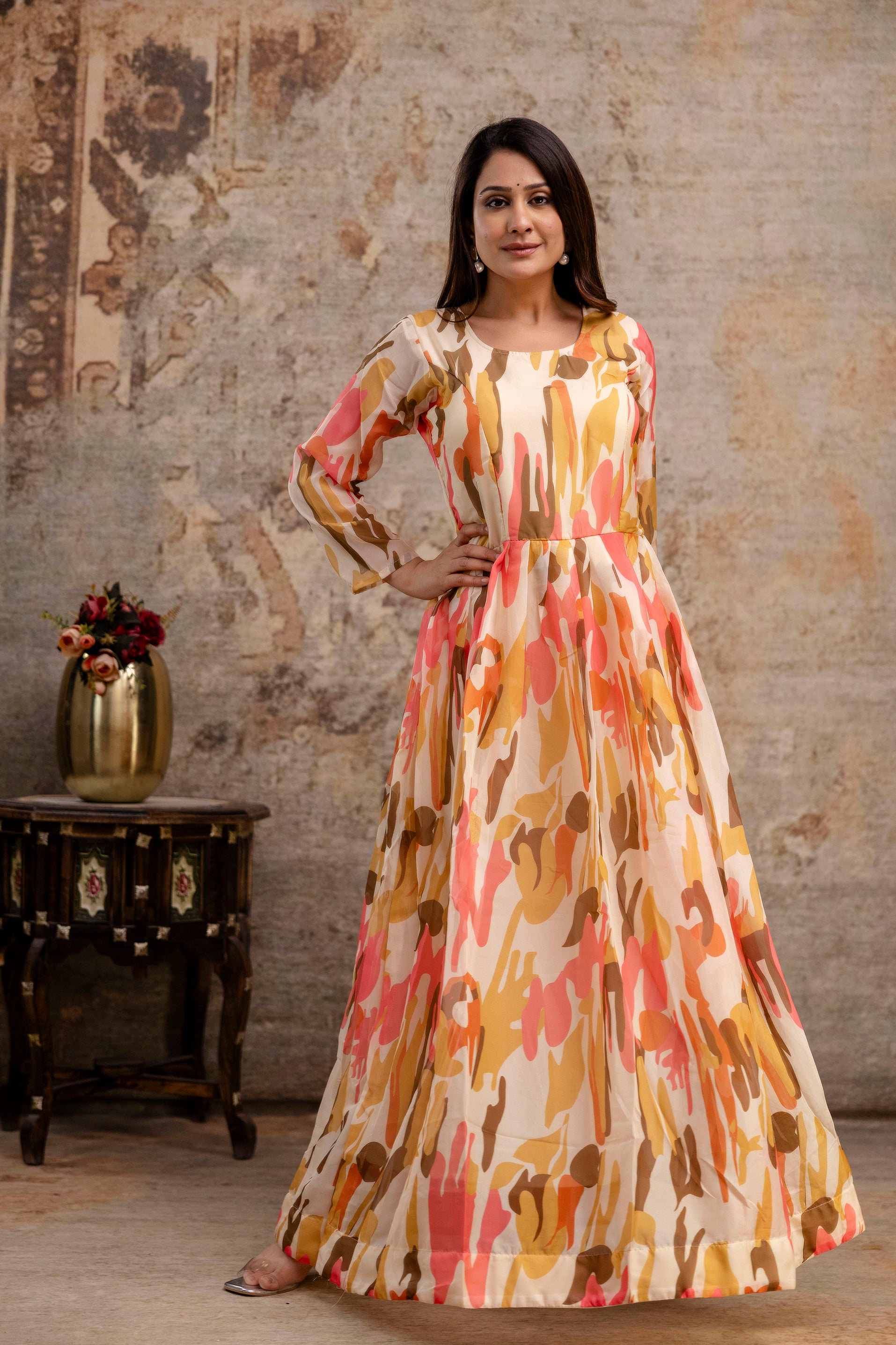 Printed Gown with Round Neck