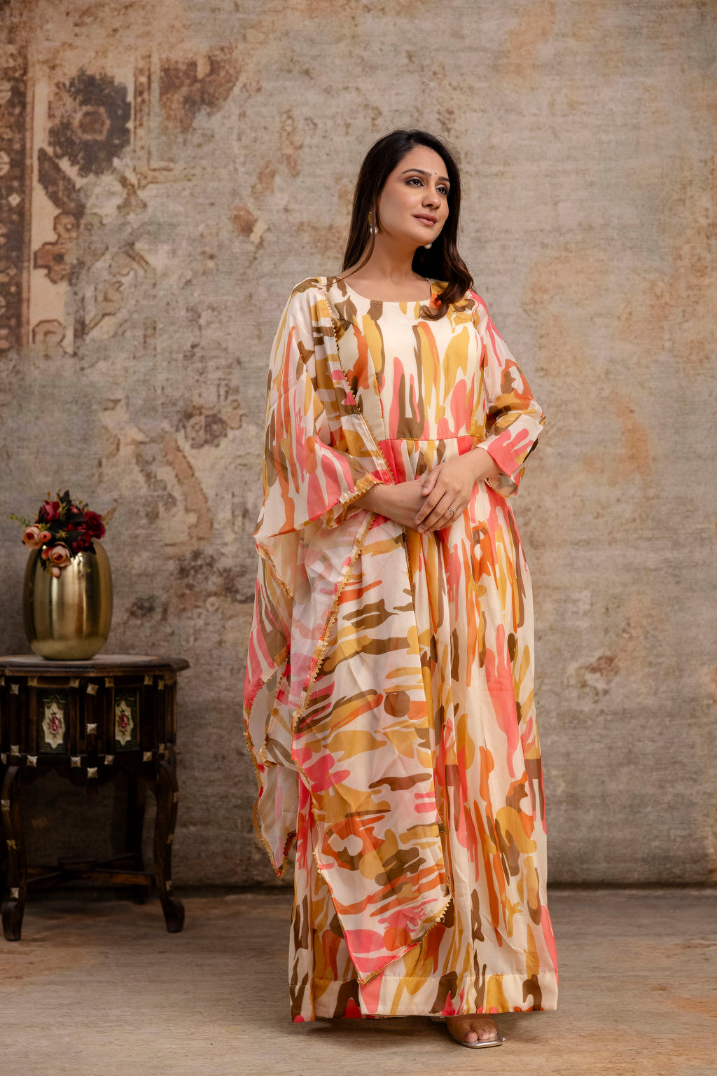 Printed Gown with Round Neck