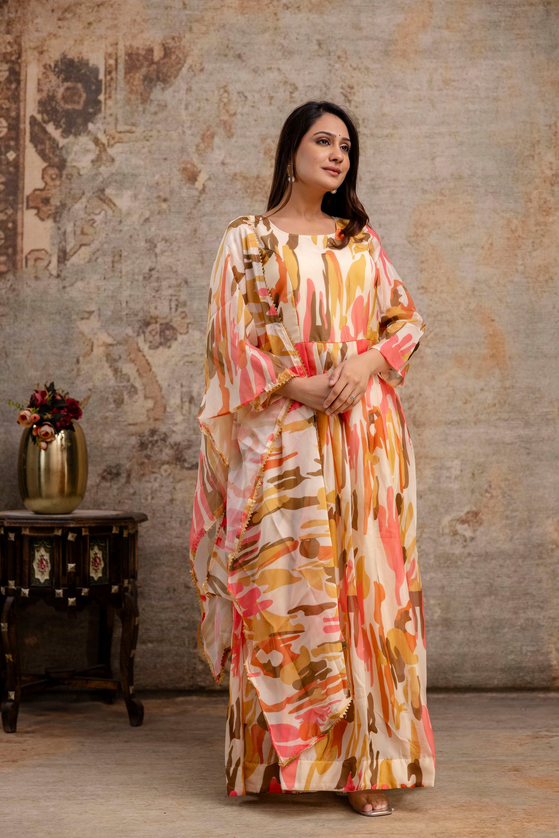 Printed Gown with Round Neck