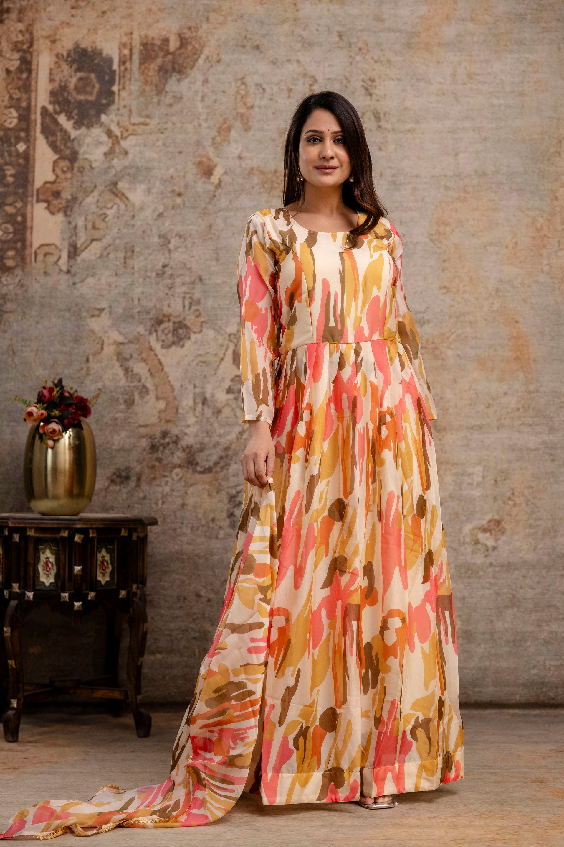Printed Gown with Round Neck