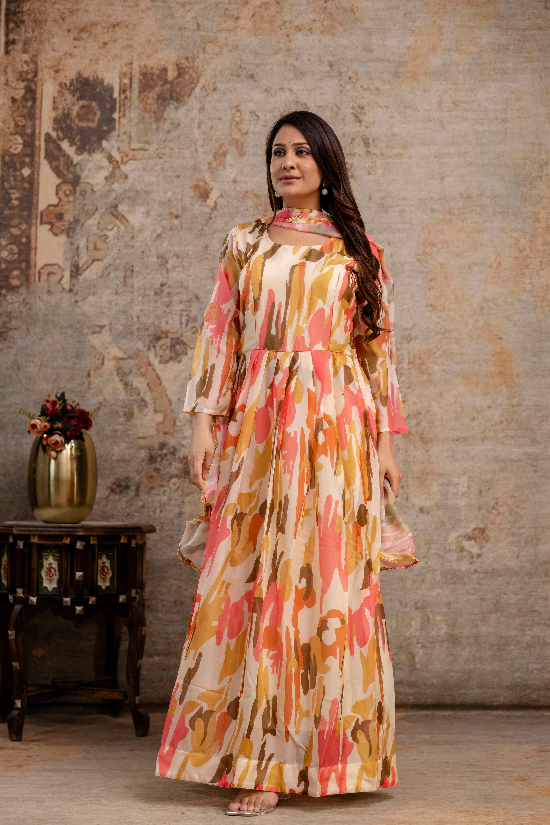 Printed Gown with Round Neck
