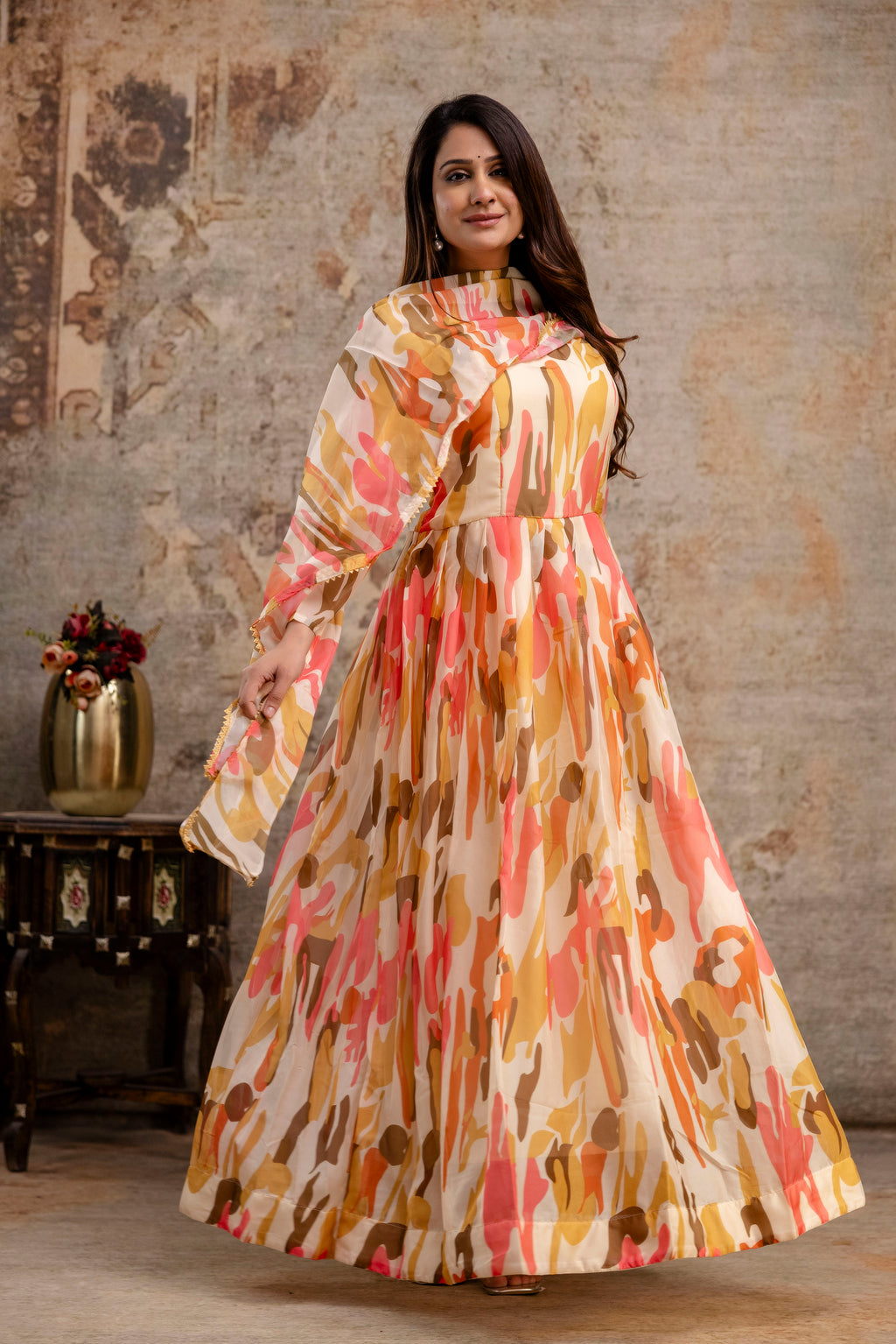 Printed Gown with Round Neck