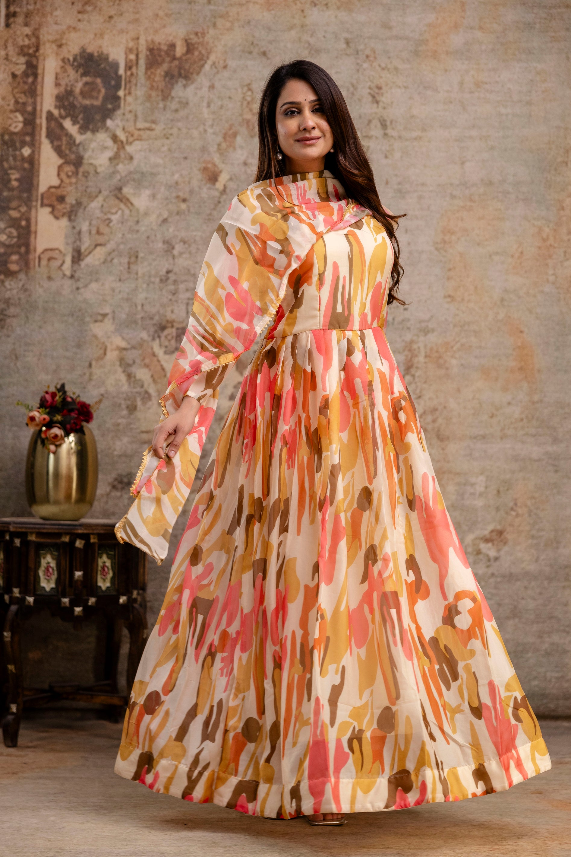 Printed Gown with Round Neck