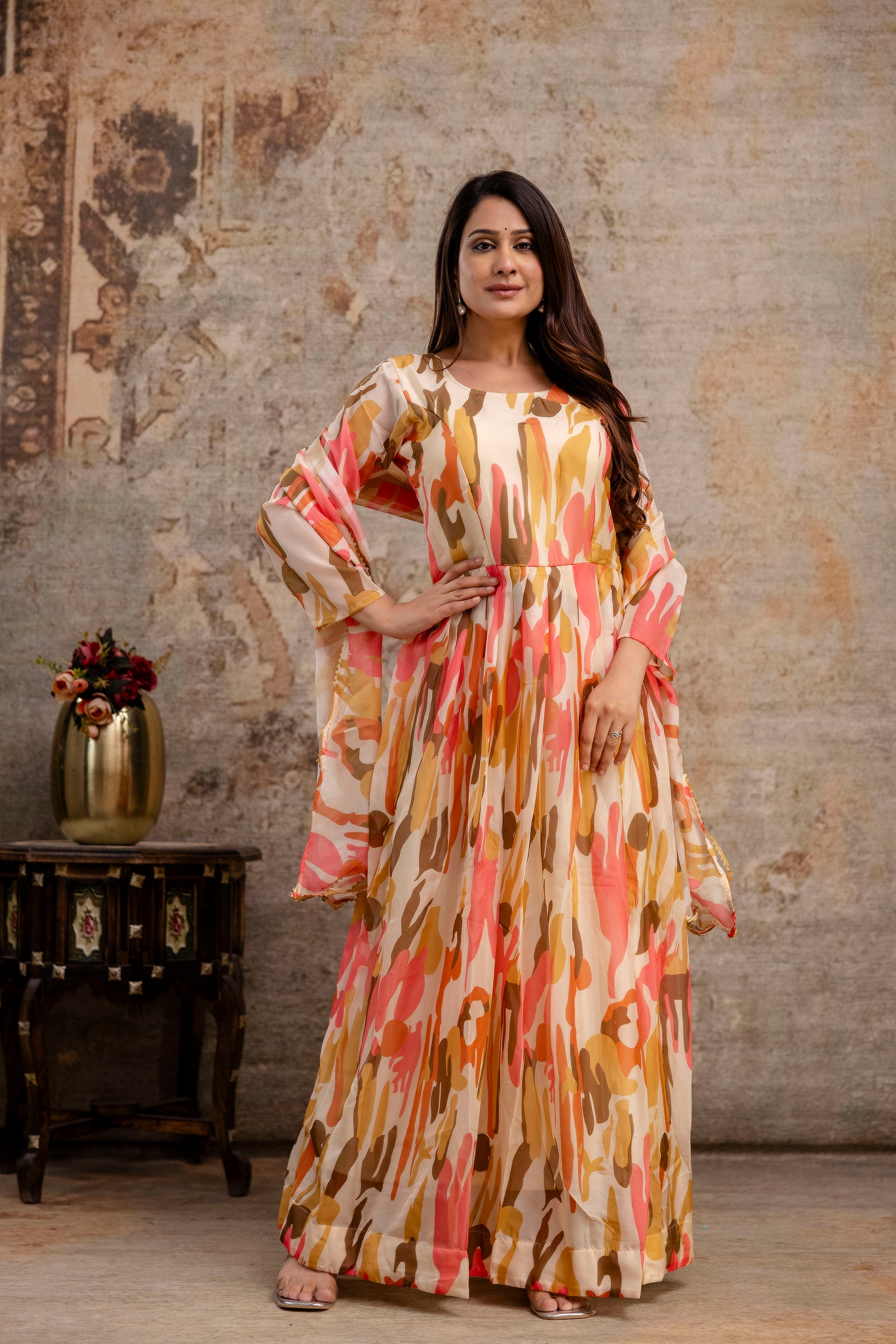 Printed Gown with Round Neck