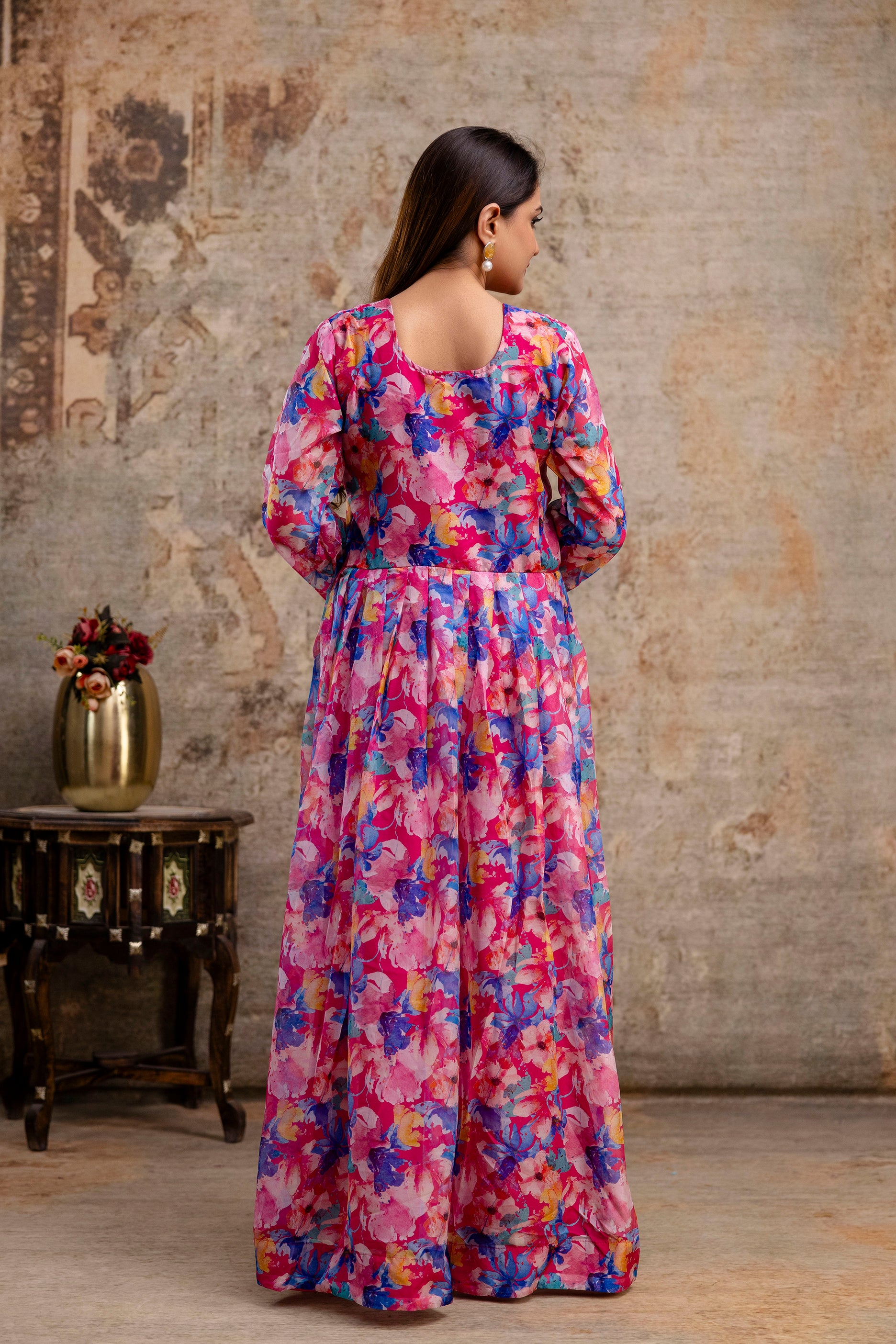 Printed Gown with Round Neck
