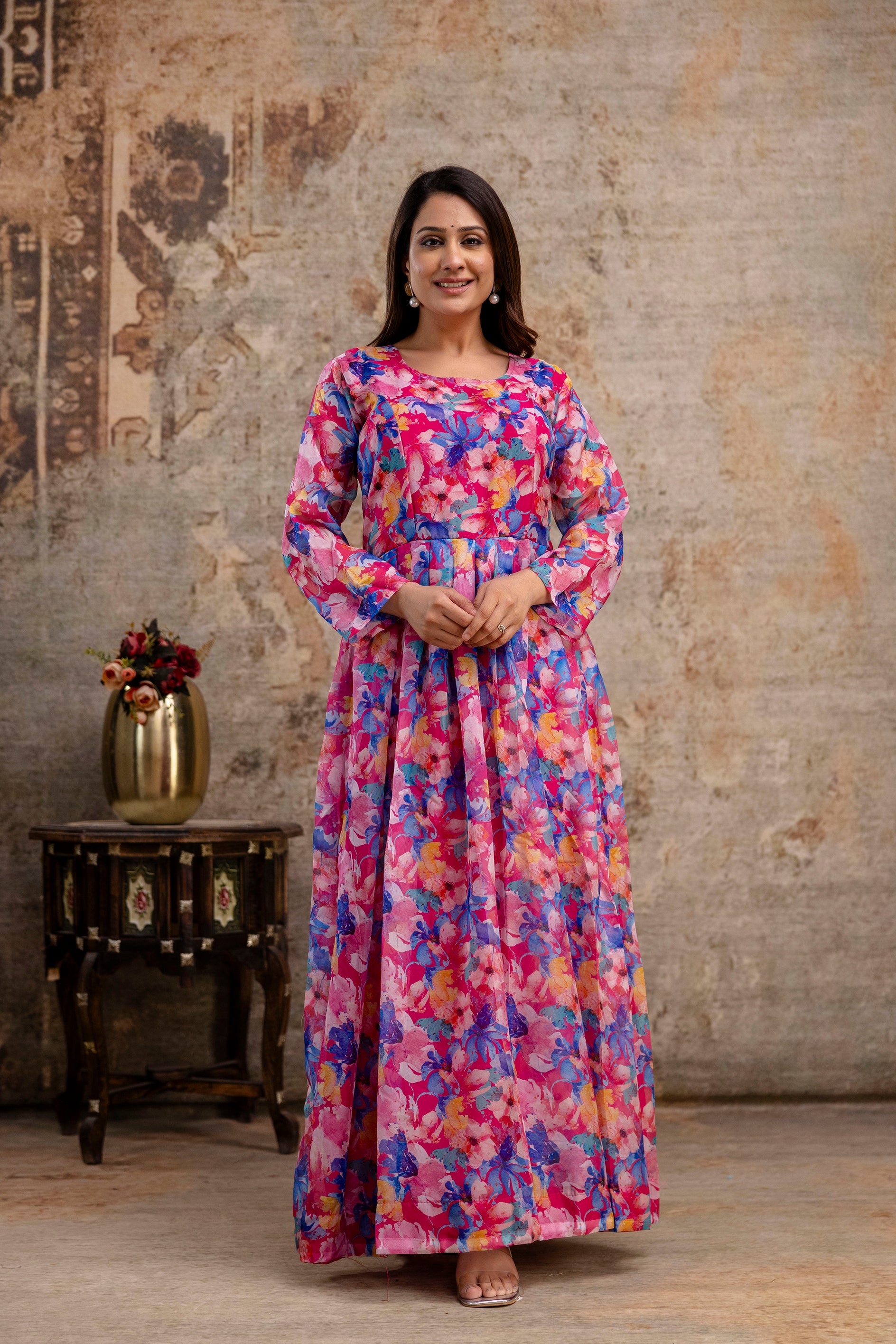 Printed Gown with Round Neck