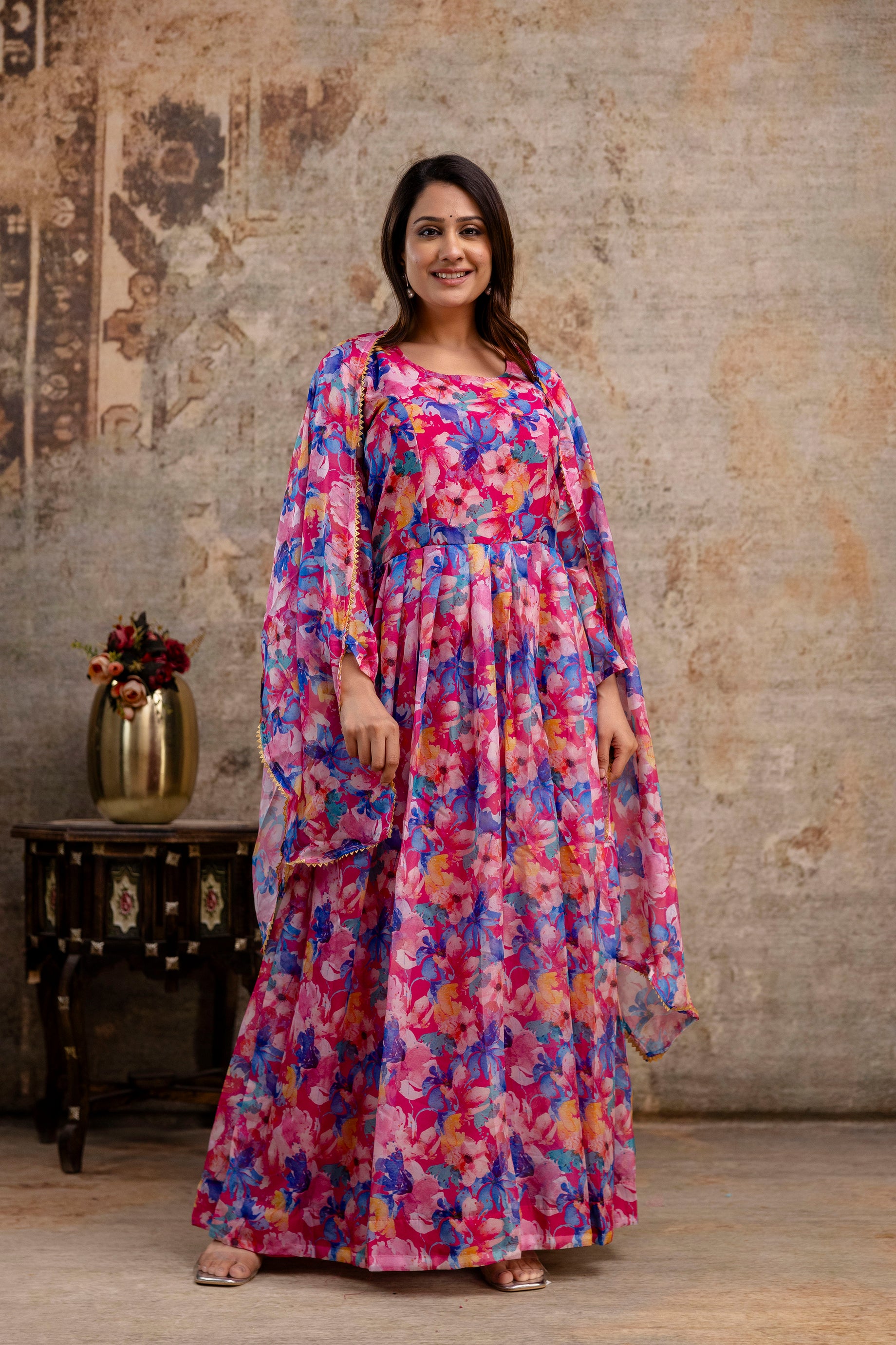 Printed Gown with Round Neck