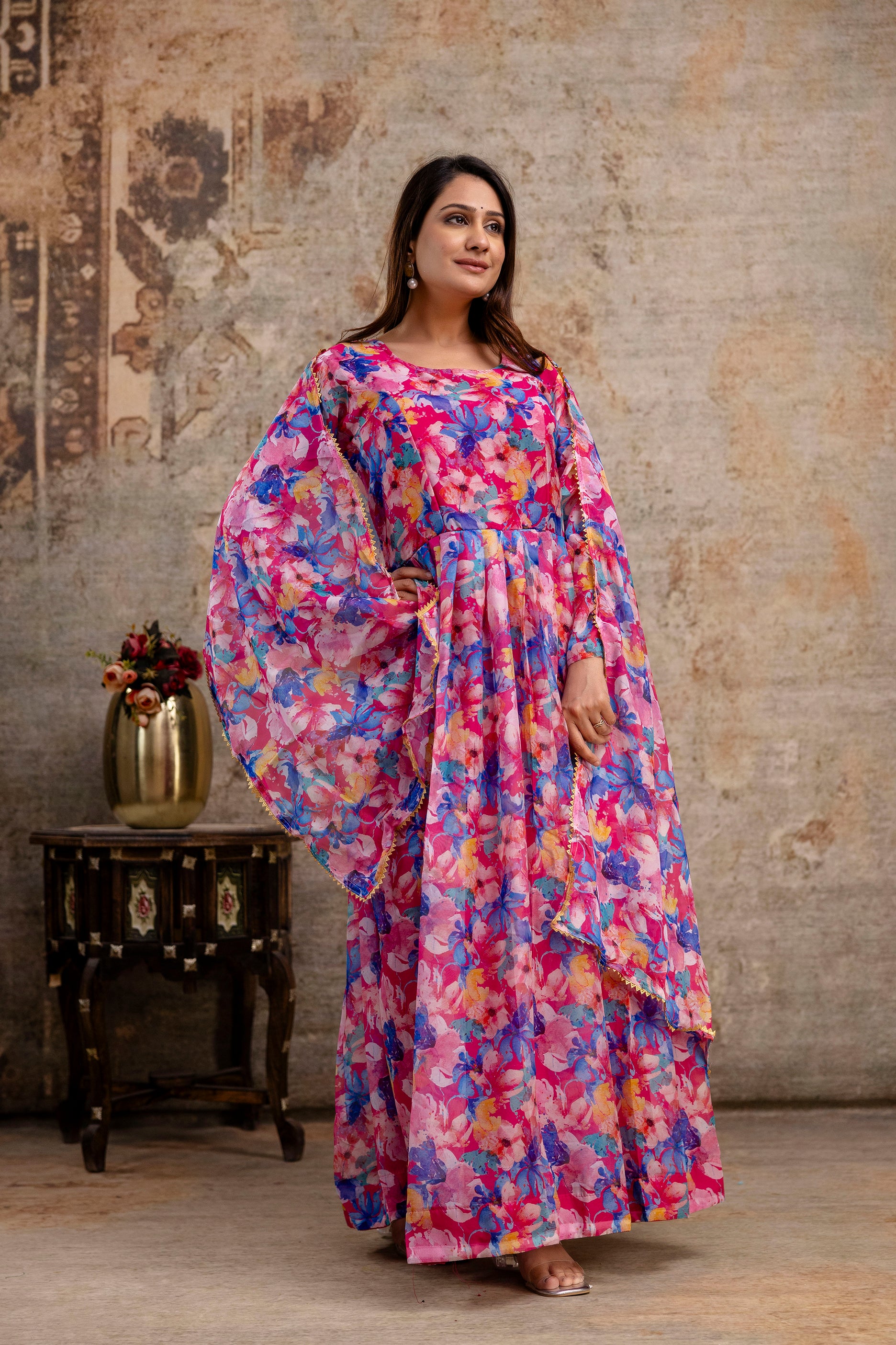 Printed Gown with Round Neck