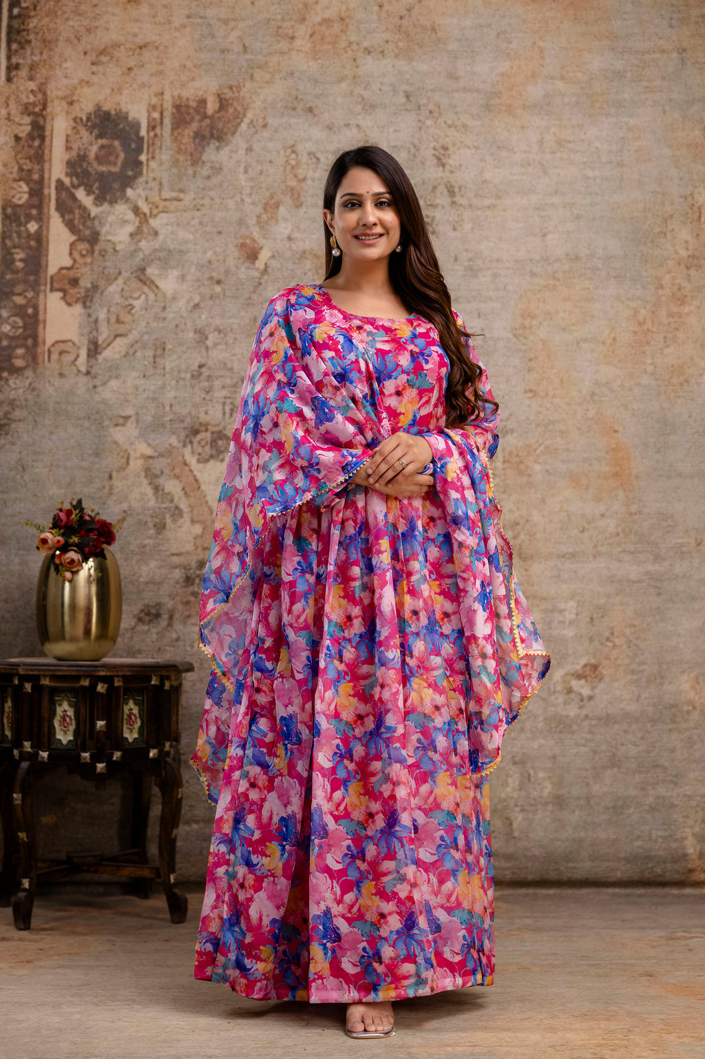 Printed Gown with Round Neck