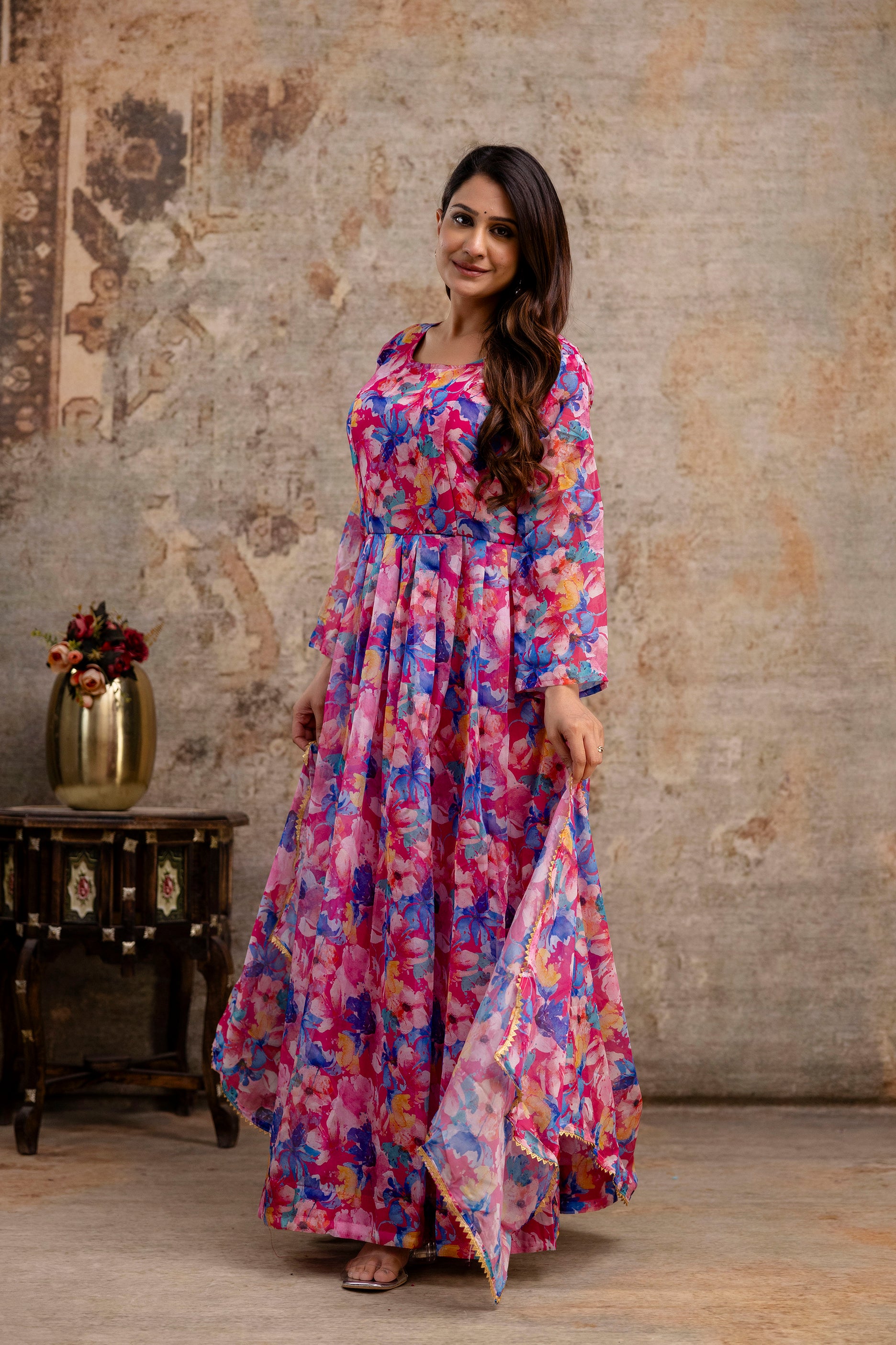 Printed Gown with Round Neck
