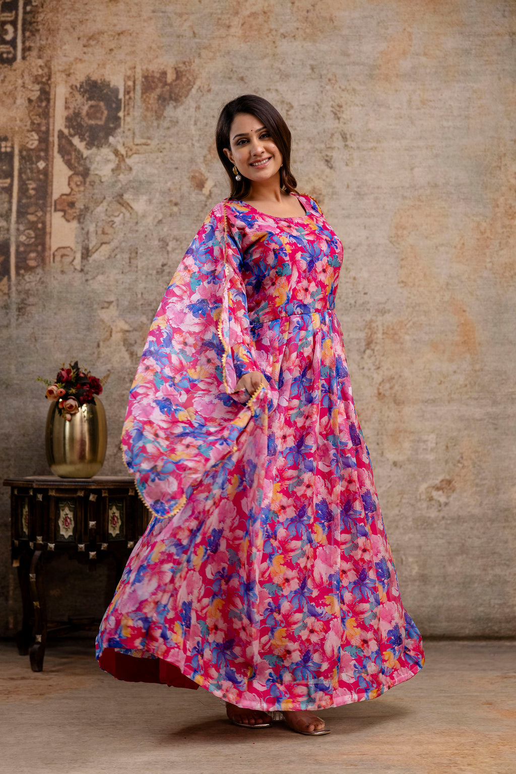Printed Gown with Round Neck