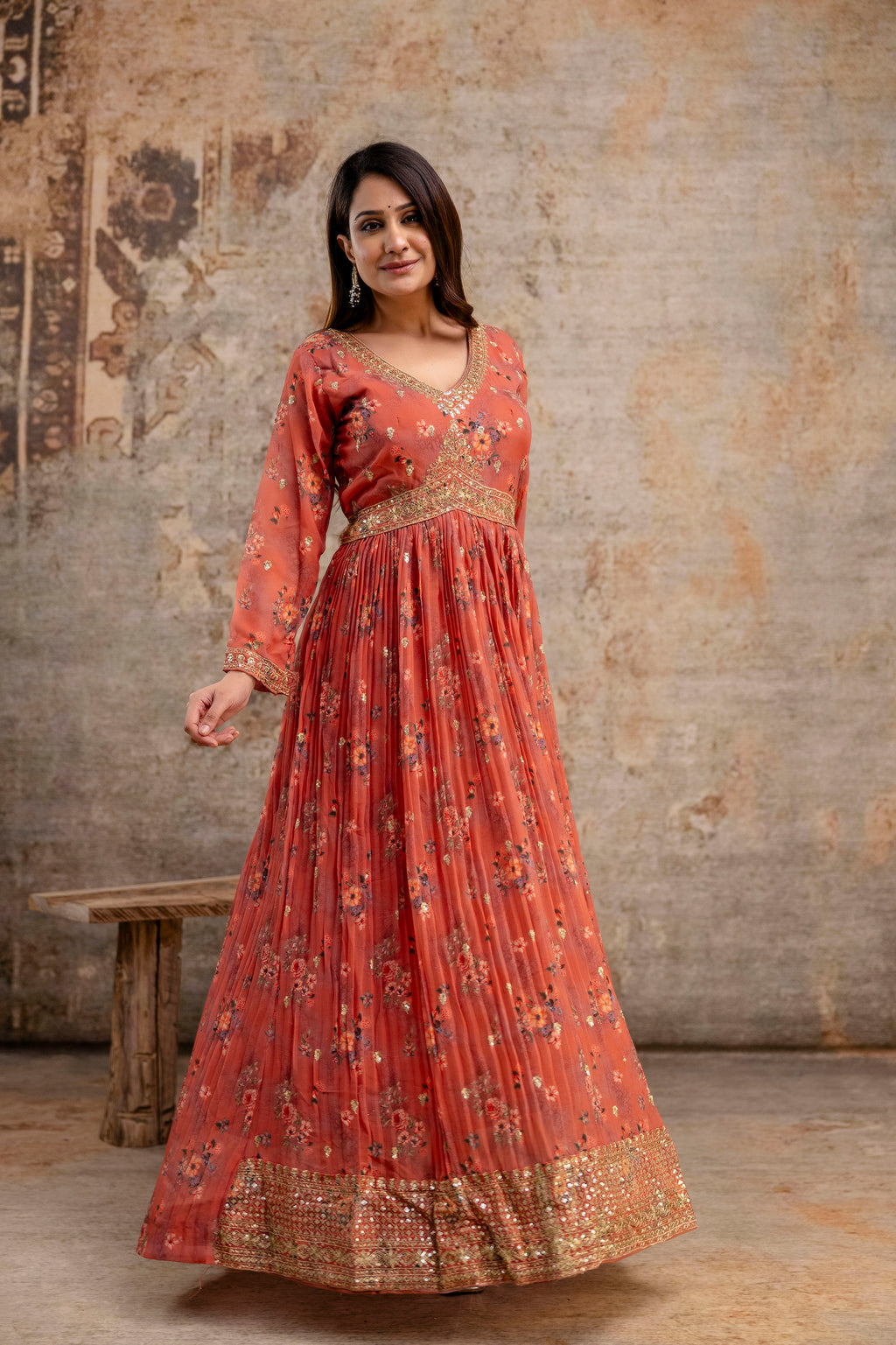 "Printed Gown with Sequence Jari Work