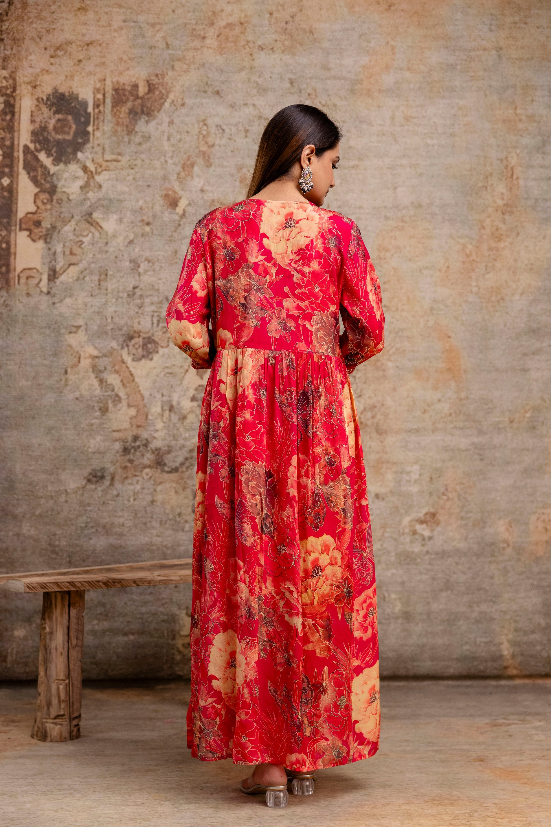 Printed Frock with Resham Work V-Neck