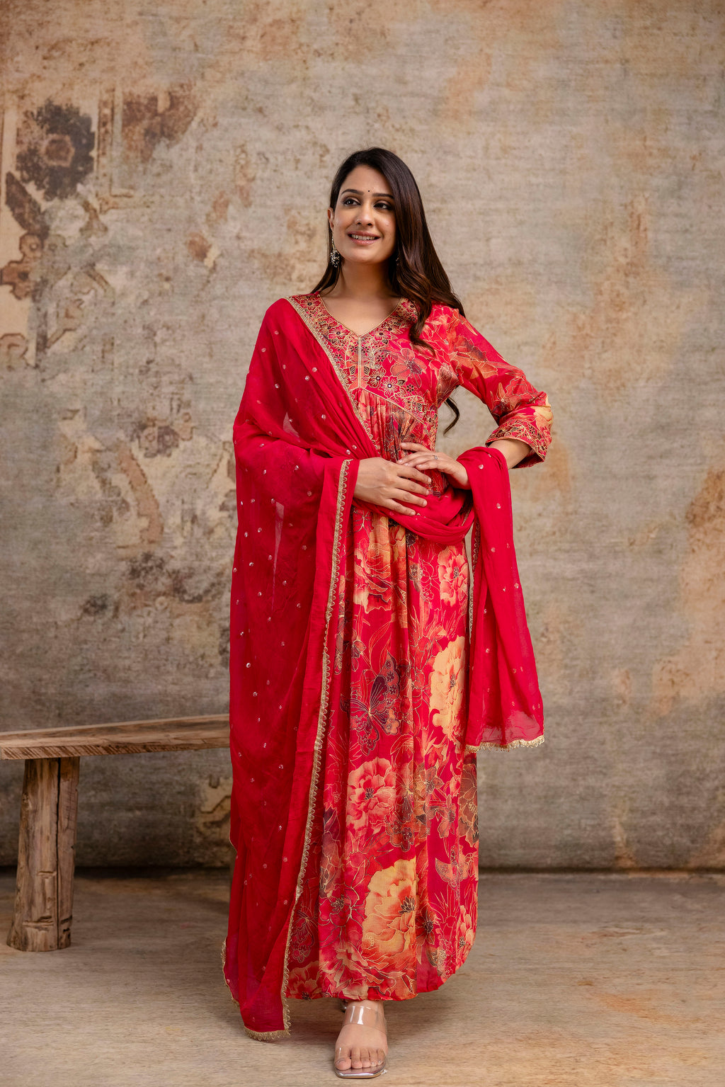 Printed Frock with Resham Work V-Neck