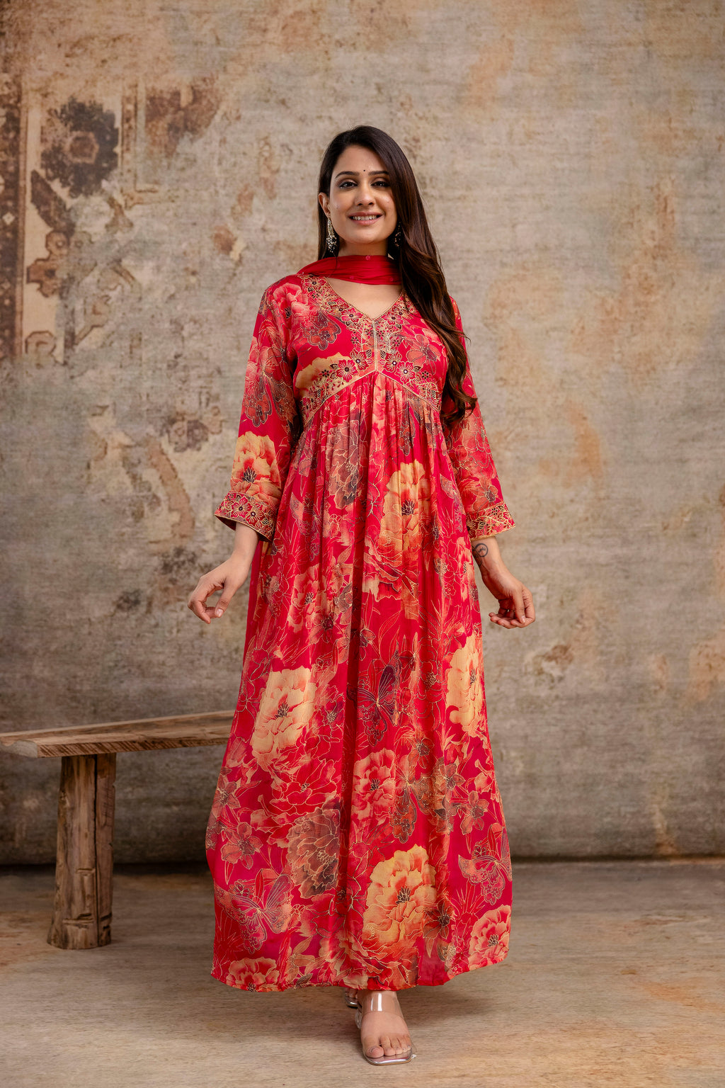 Printed Frock with Resham Work V-Neck