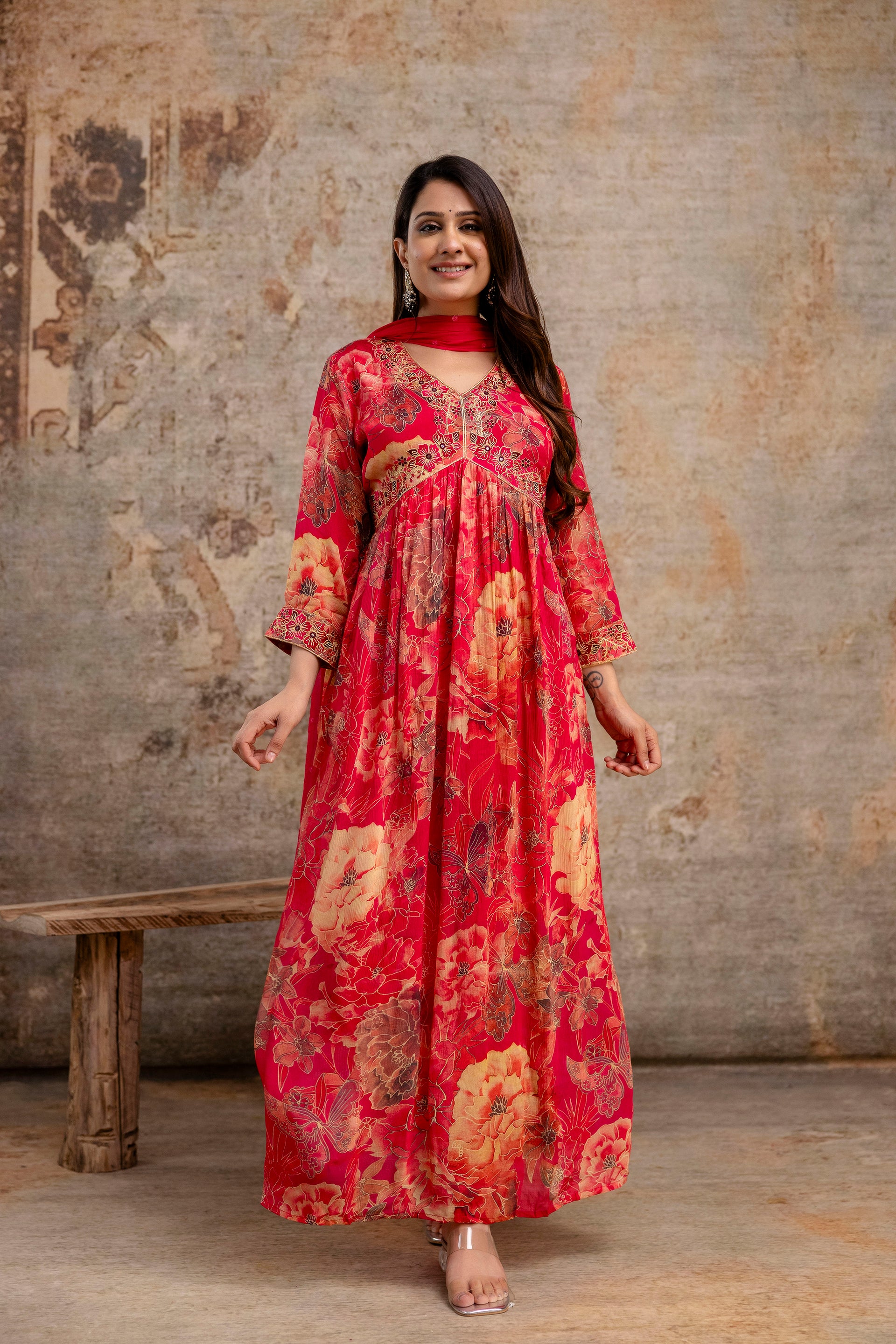 Printed Frock with Resham Work V-Neck