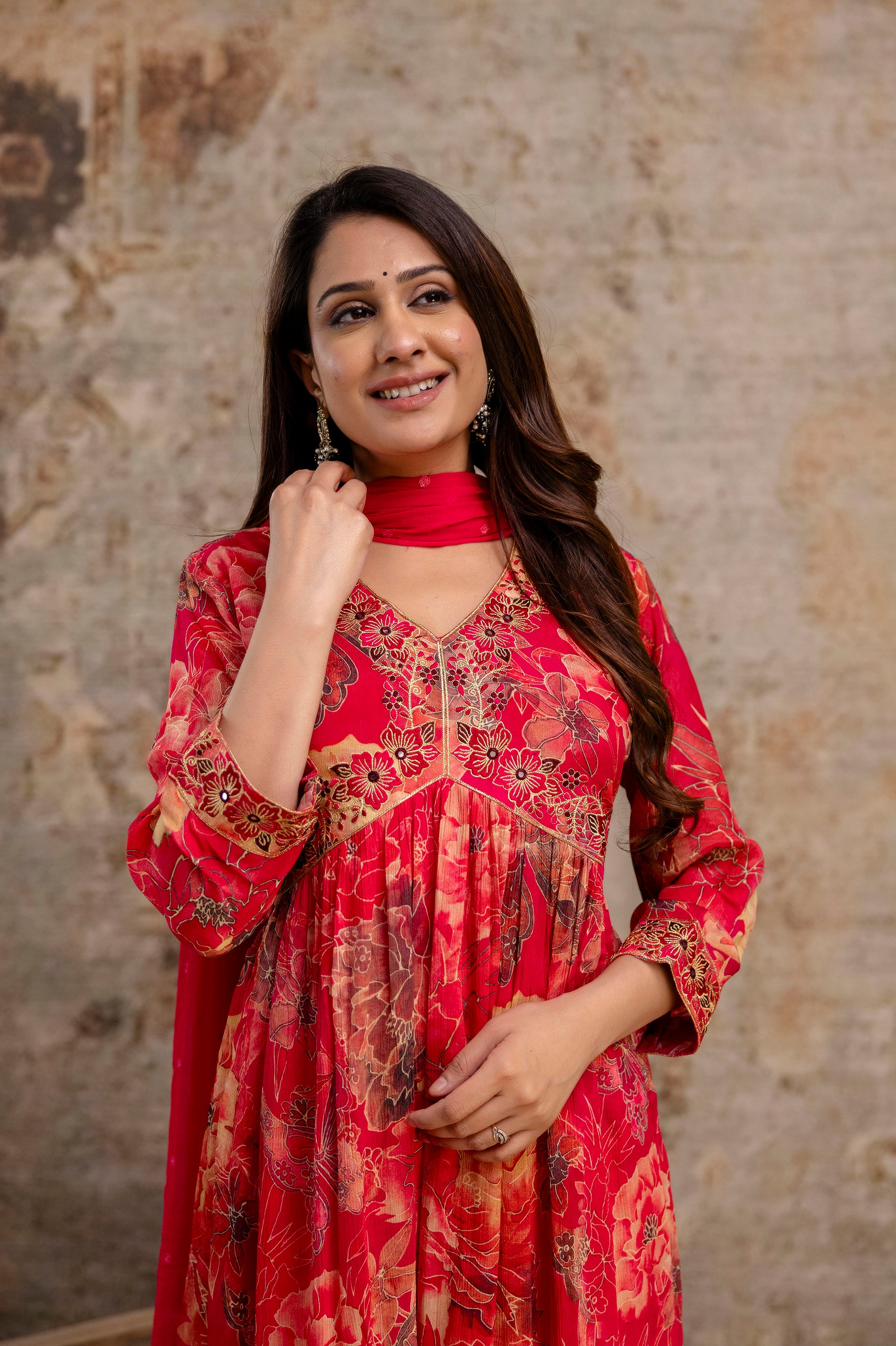 Printed Frock with Resham Work V-Neck