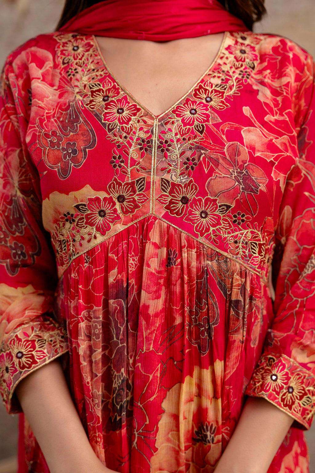 Printed Frock with Resham Work V-Neck