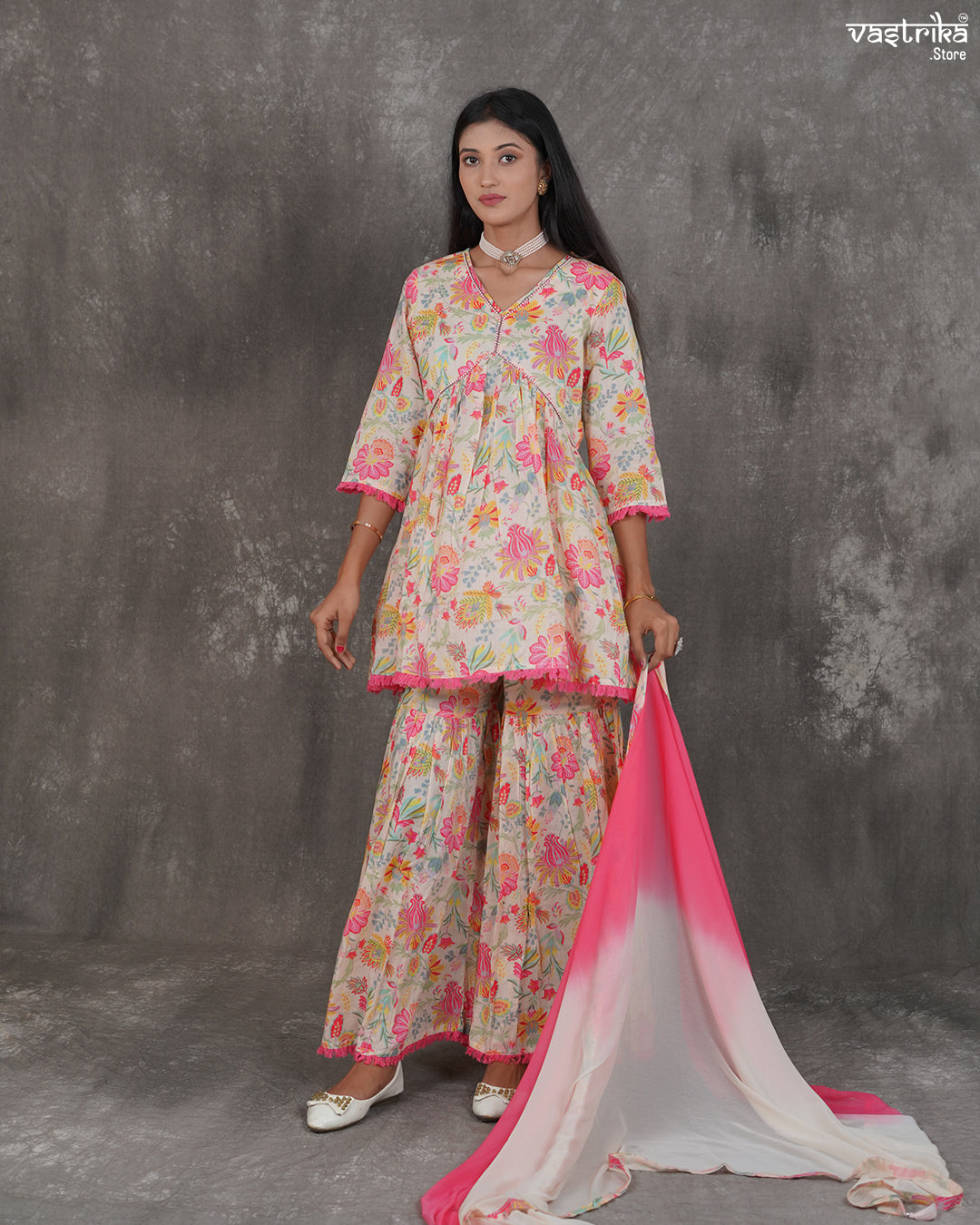 Printed V-Neck Kurti & Alia-Cut Sharara Set