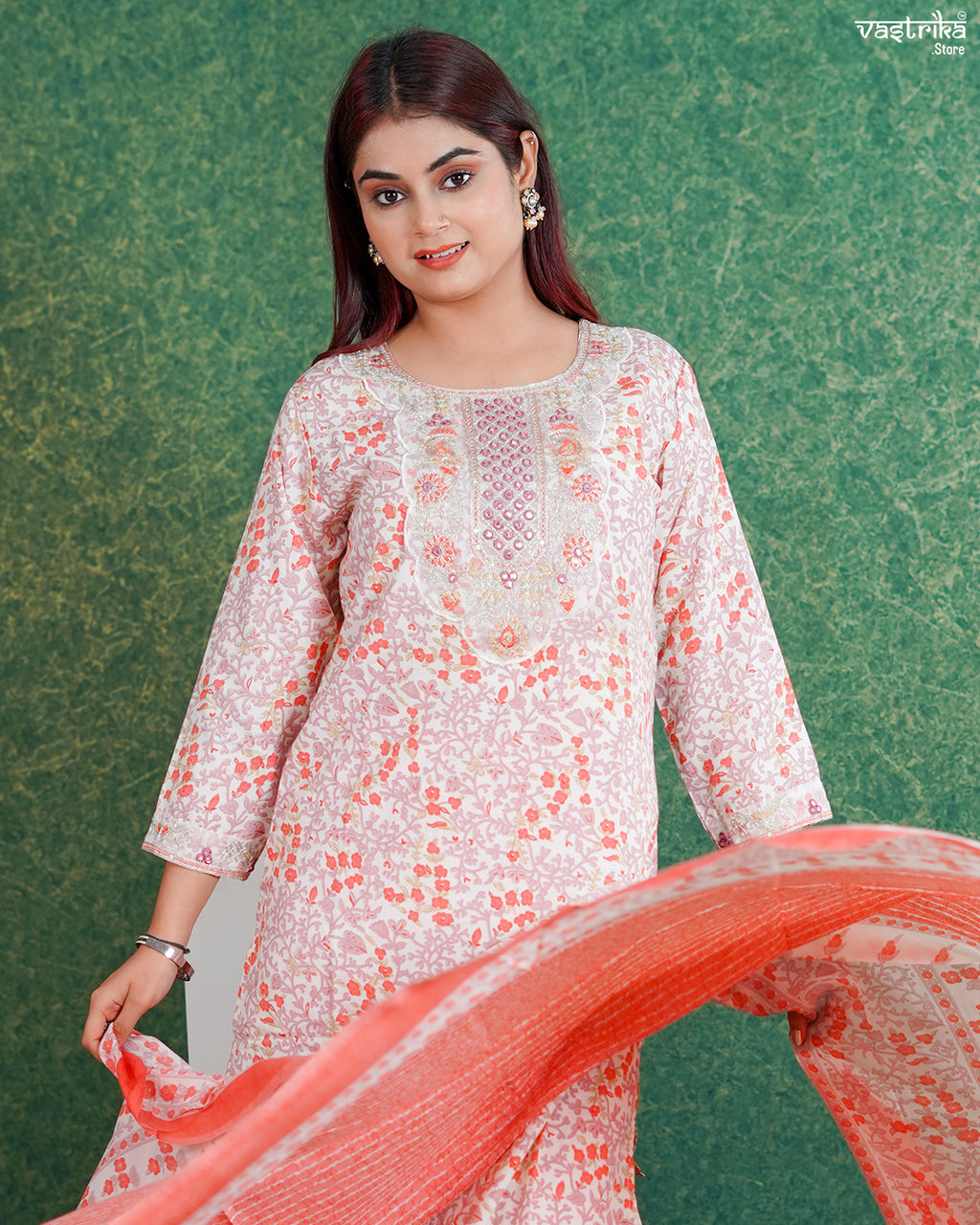 Orange Cotton Printed Kurti Set