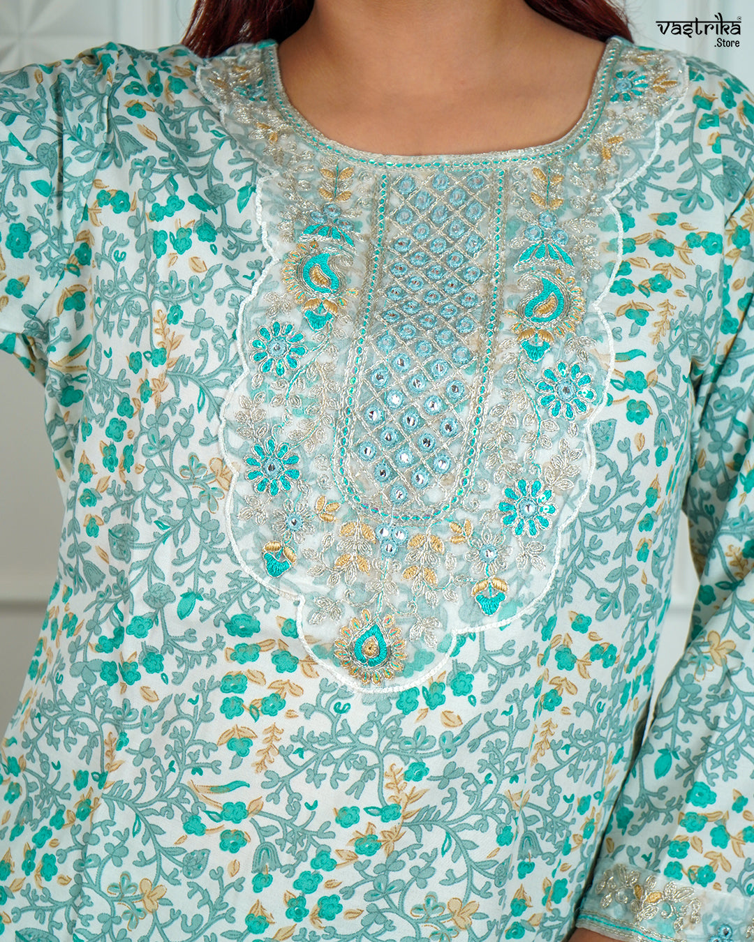 Sea Green Cotton Printed Kurti Set